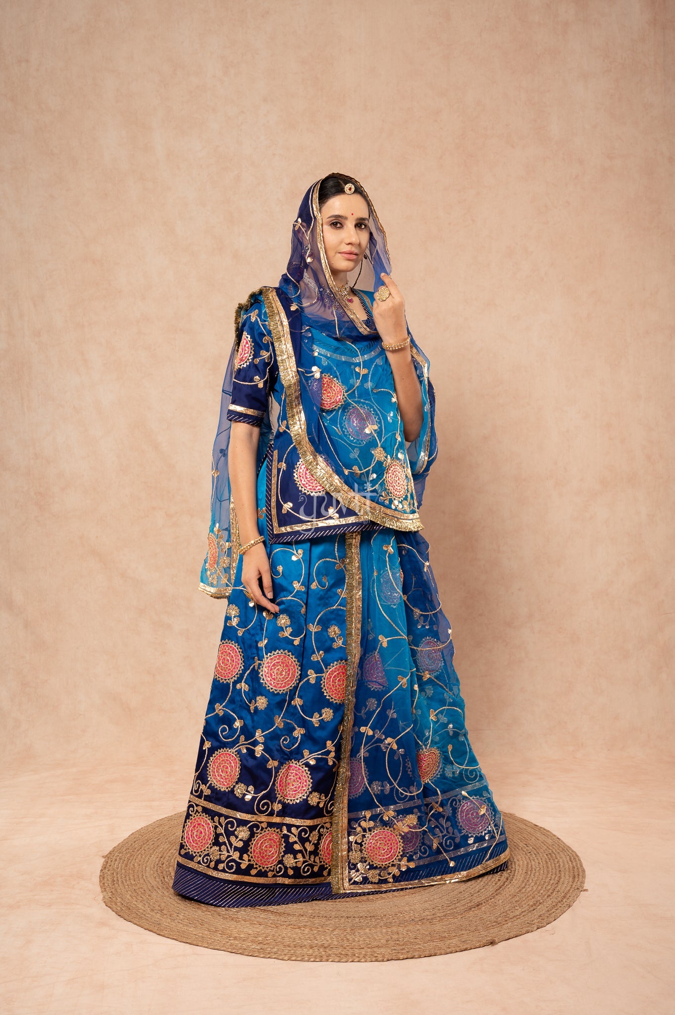 Navy Blue Shaded Bamber Satin Sikhiya Gotta Patti Sequins Dhora Handwork Poshak with Pure Shaded Odhana (unstitched)