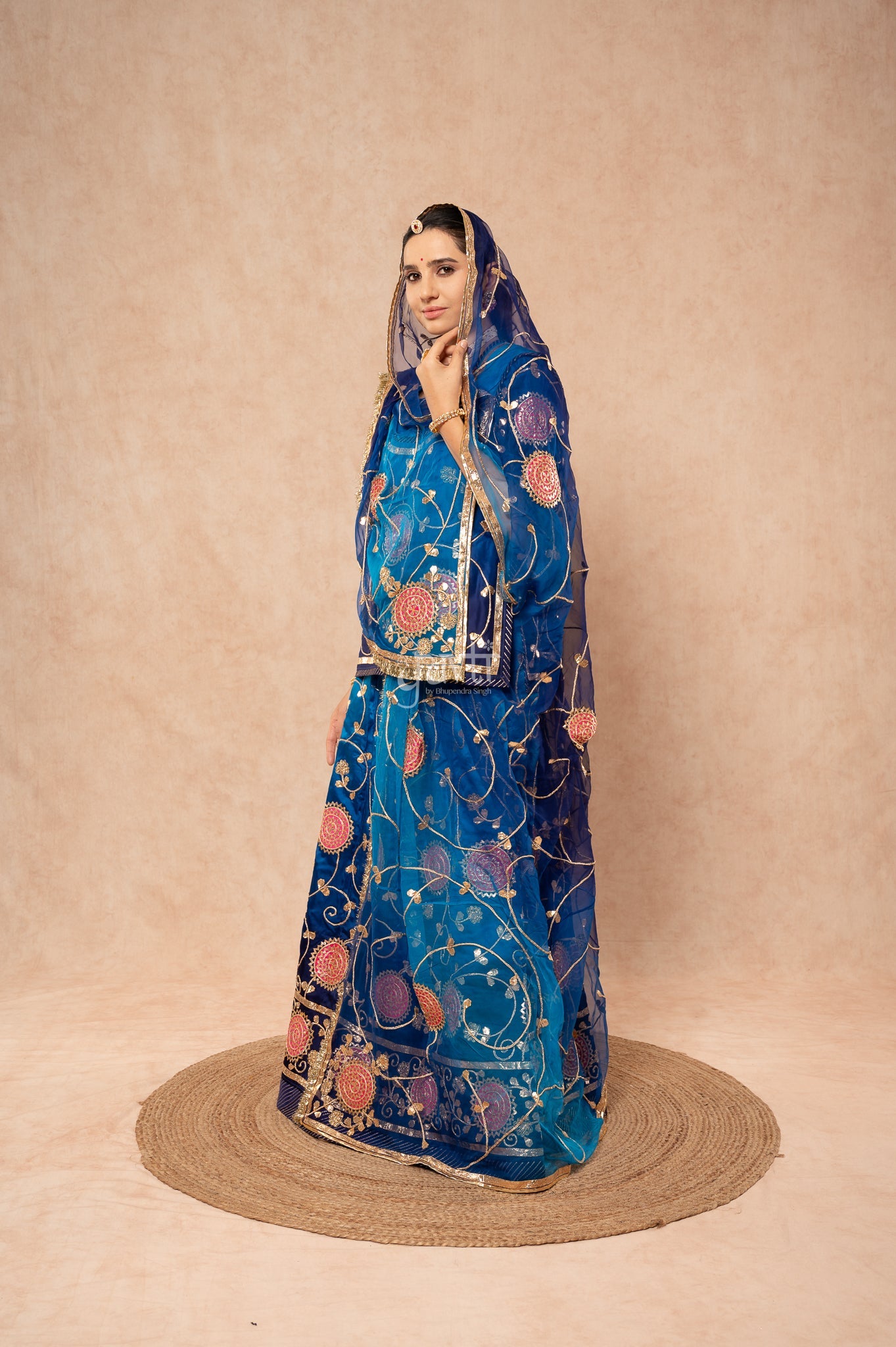 Navy Blue Shaded Bamber Satin Sikhiya Gotta Patti Sequins Dhora Handwork Poshak with Pure Shaded Odhana (unstitched)