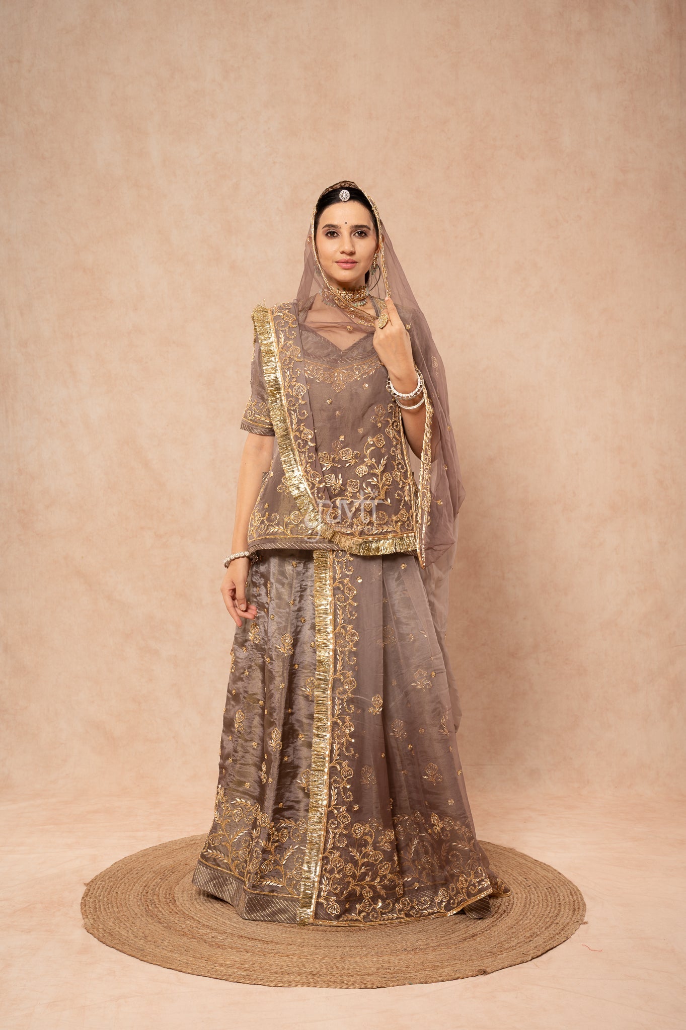 Grey Tissue Zardozi Sequins Handwork Poshak with Pure Odhana (unstitched)