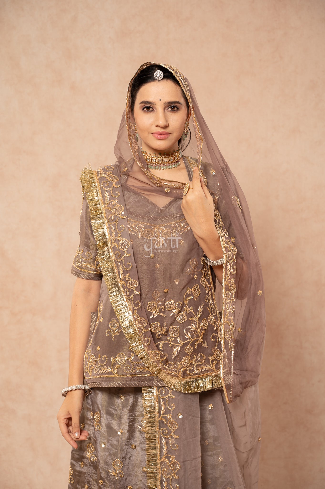 Grey Tissue Zardozi Sequins Handwork Poshak with Pure Odhana (unstitched)