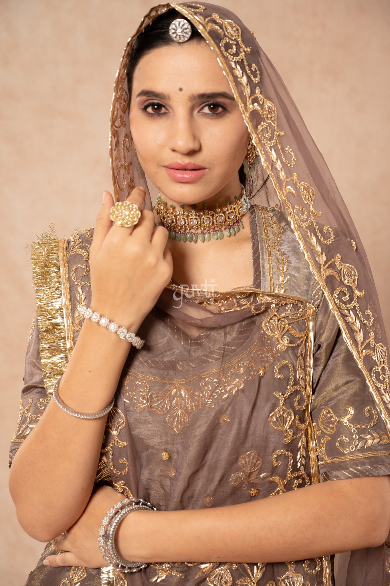 Grey Tissue Zardozi Sequins Handwork Poshak with Pure Odhana (unstitched)