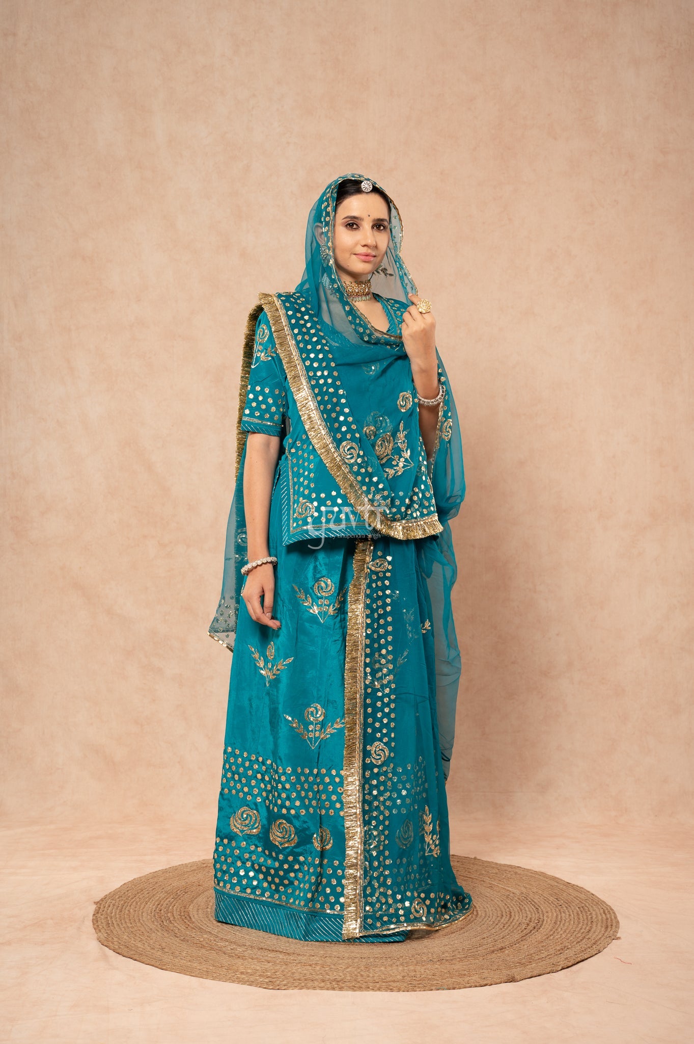 Rama Green Crepe Badla Pita Sequins Handwork Poshak with Pure Odhana (unstitched)