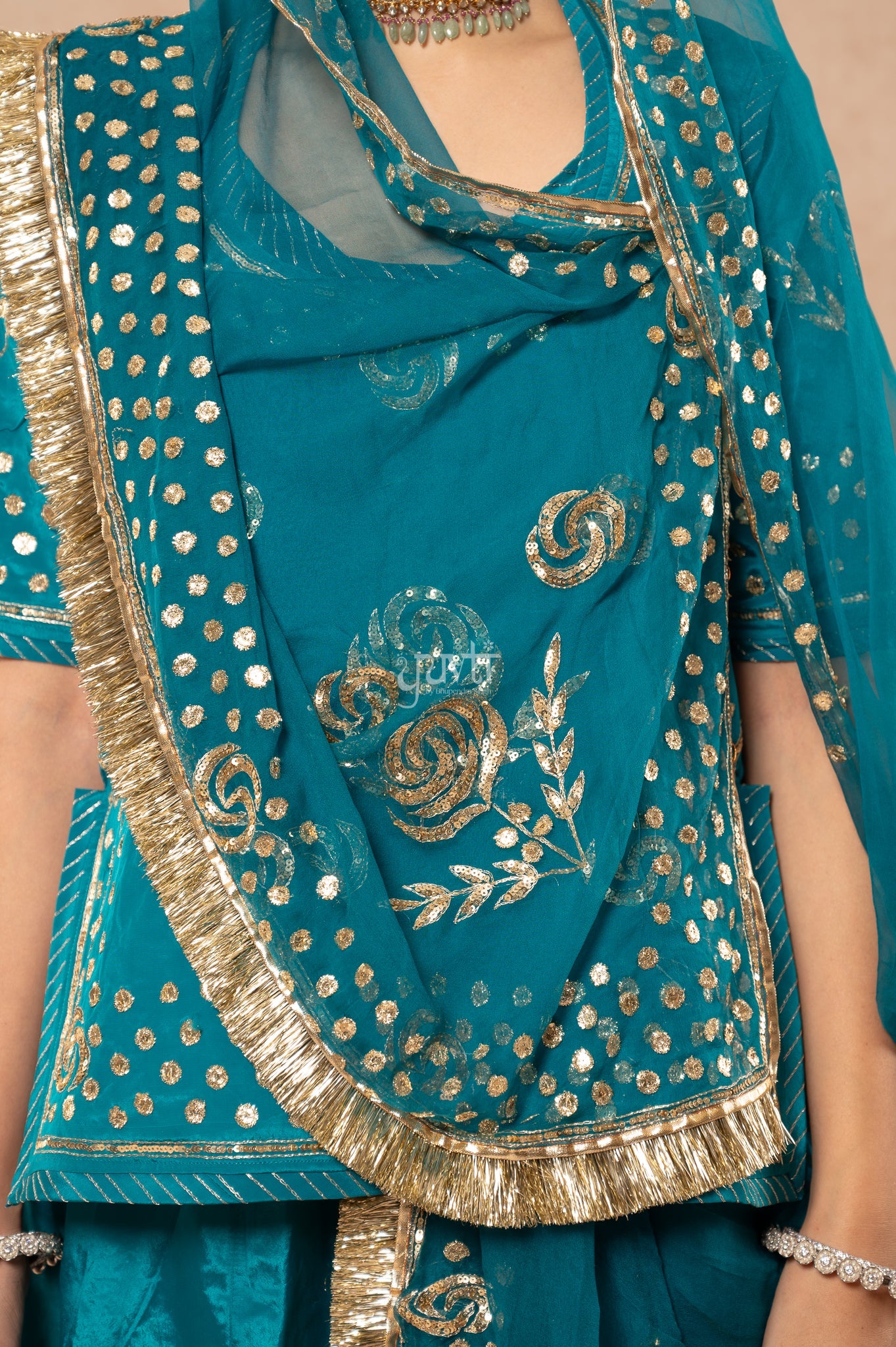 Rama Green Crepe Badla Pita Sequins Handwork Poshak with Pure Odhana (unstitched)