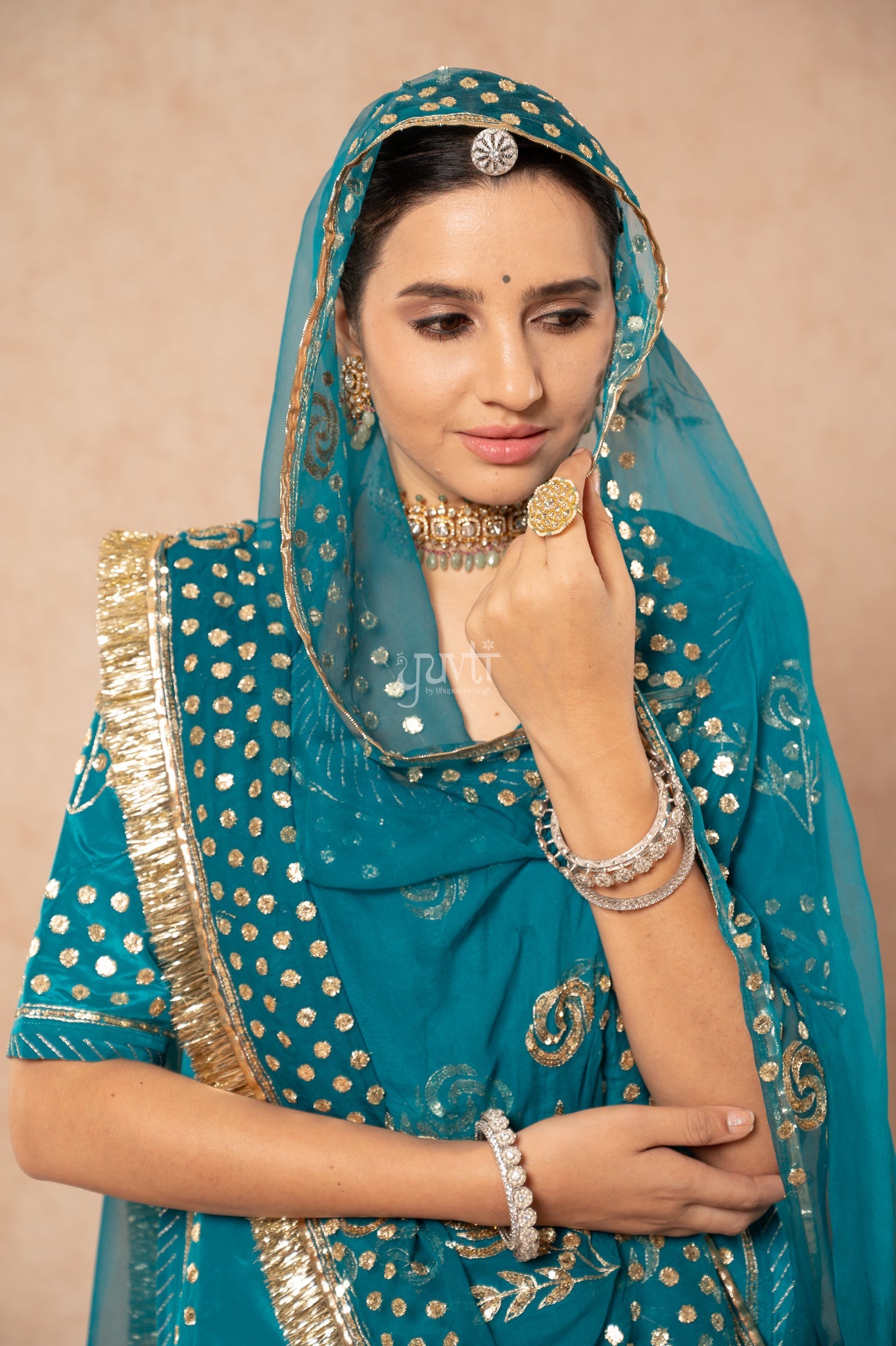 Rama Green Crepe Badla Pita Sequins Handwork Poshak with Pure Odhana (unstitched)