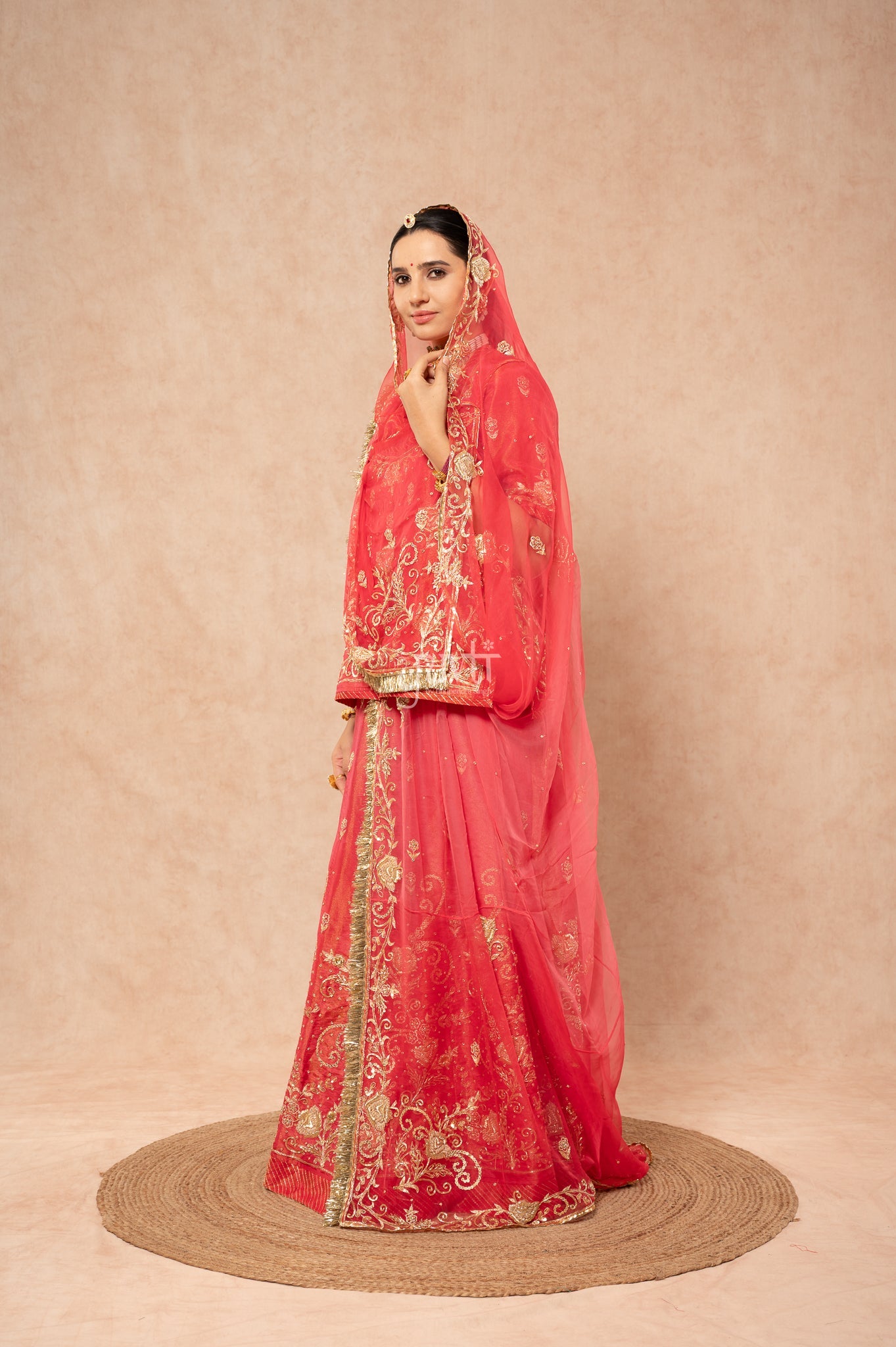 Gajri Carrot Pure Tissue Aari Zardozi Sequins Handwork Poshak with Pure Odhana (unstitched)