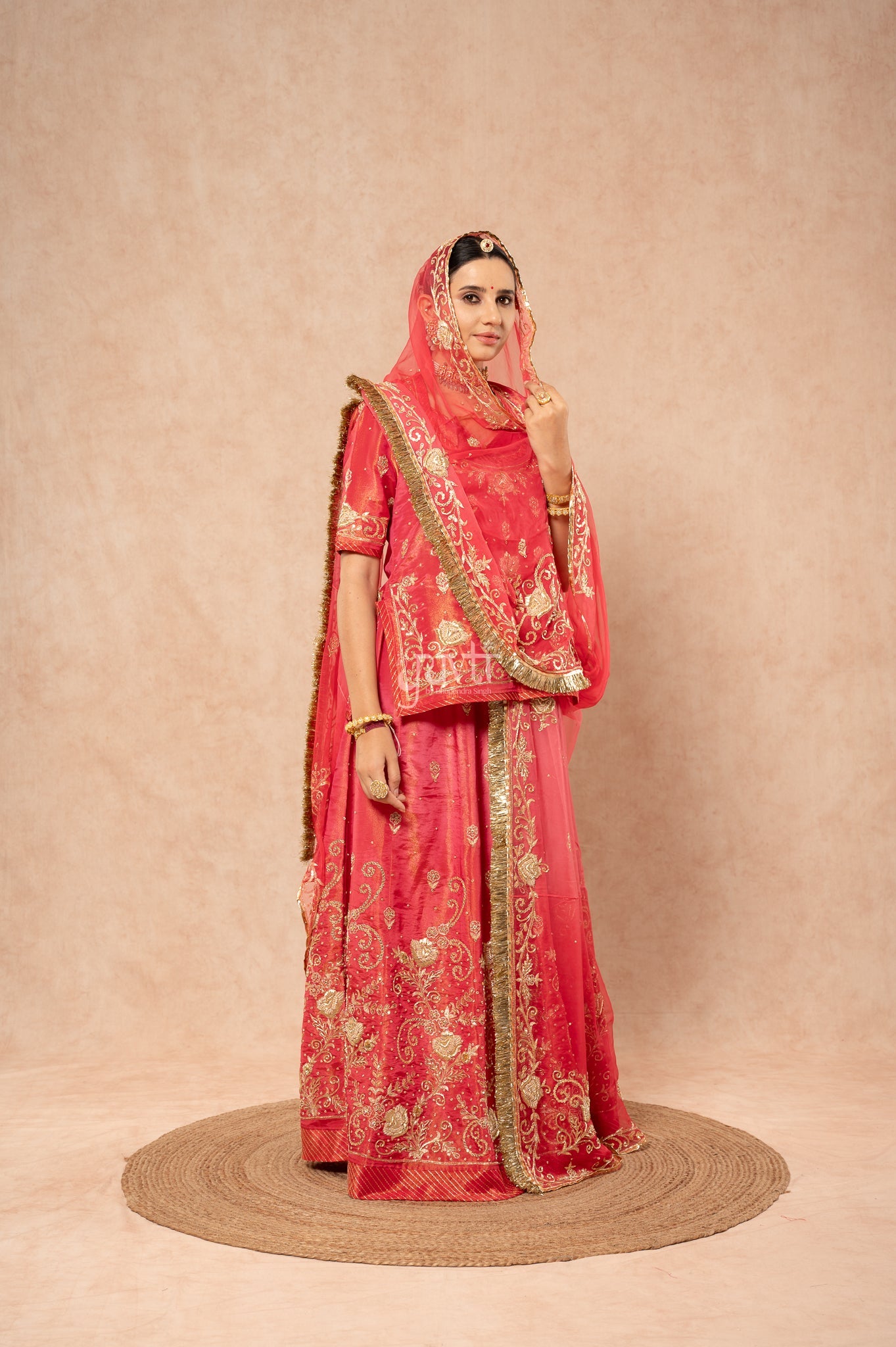 Gajri Carrot Pure Tissue Aari Zardozi Sequins Handwork Poshak with Pure Odhana (unstitched)