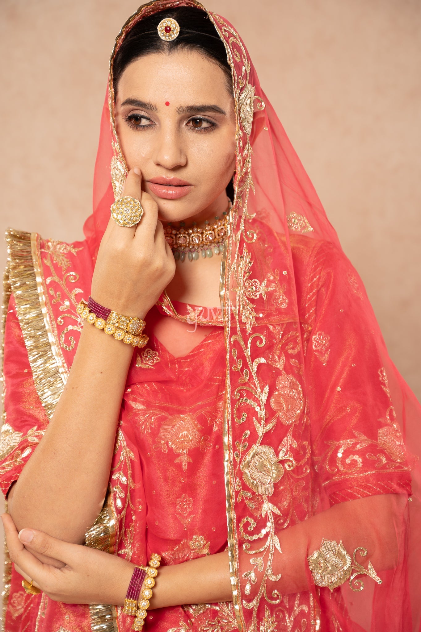 Gajri Carrot Pure Tissue Aari Zardozi Sequins Handwork Poshak with Pure Odhana (unstitched)