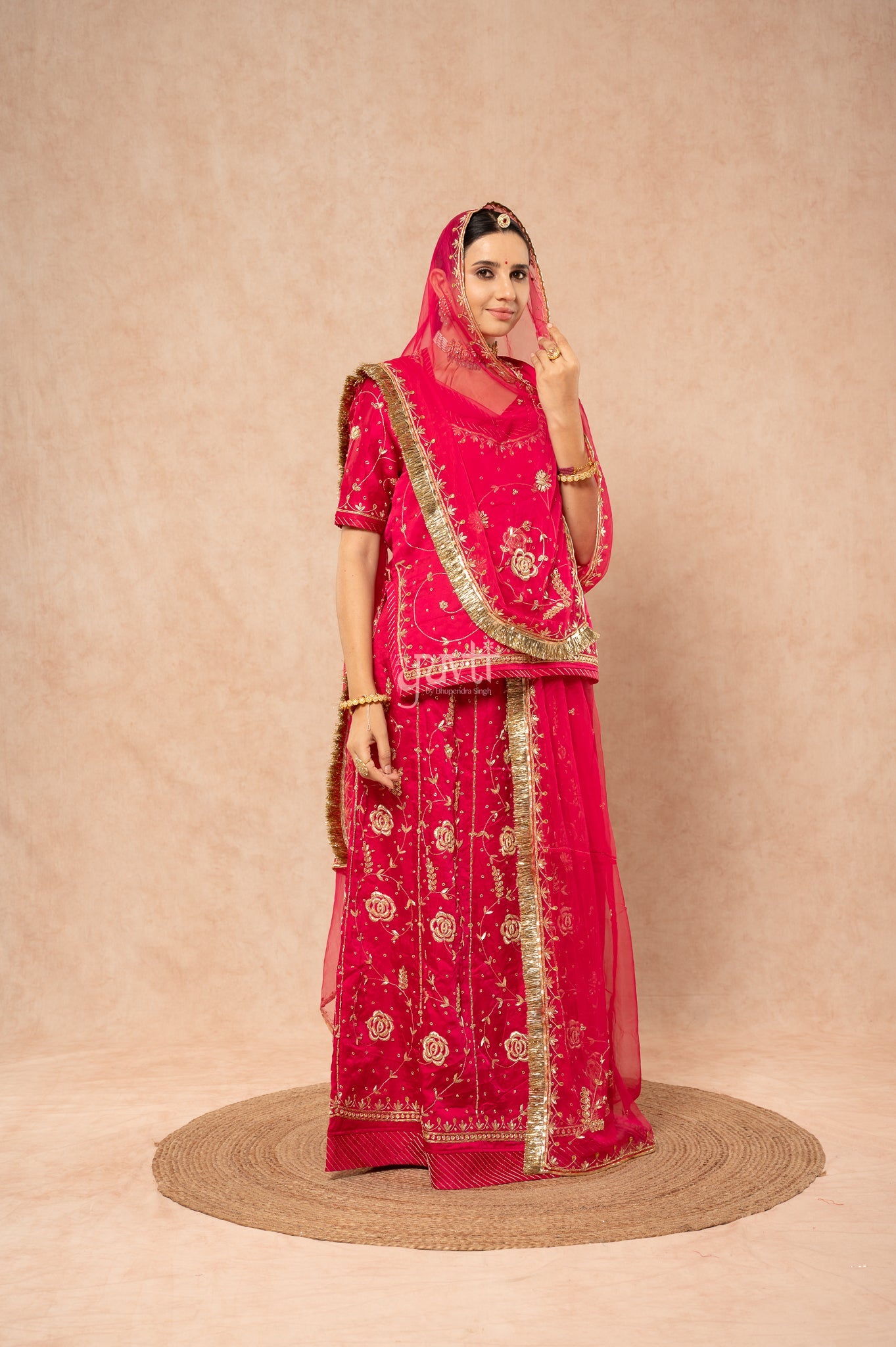 Rani Bamber Satin Zardozi Sequins Handwork Poshak with Pure Odhana (unstitched)