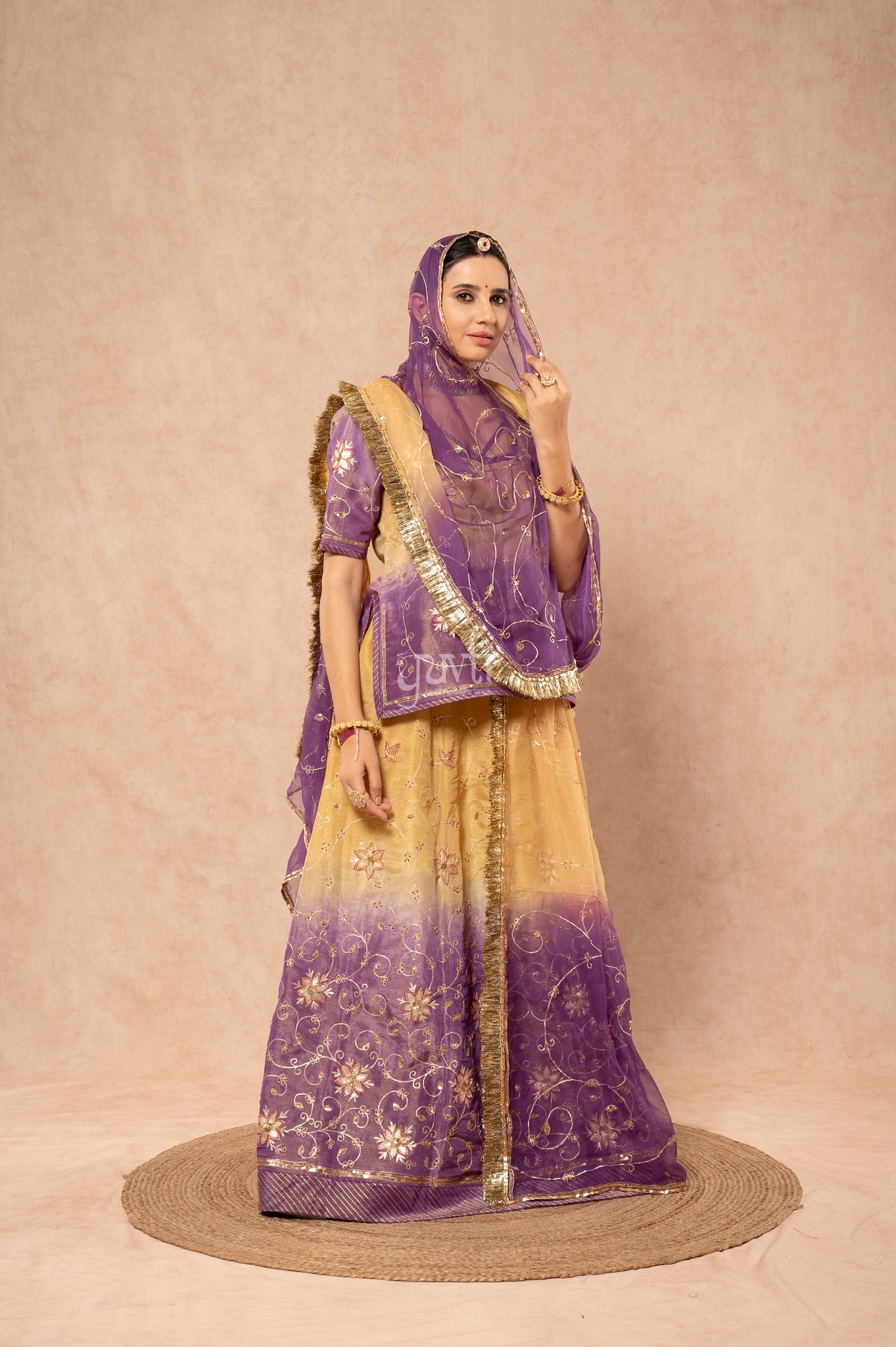 Lavender - Beige Pure Tissue Aari Zardozi Sequins Handwork Poshak with Pure Shaded Odhana (unstitched)