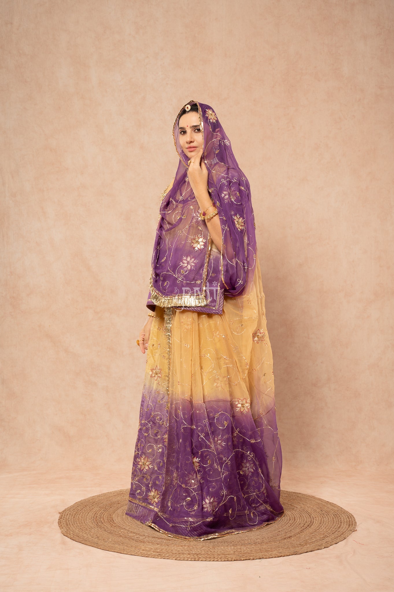 Lavender - Beige Pure Tissue Aari Zardozi Sequins Handwork Poshak with Pure Shaded Odhana (unstitched)