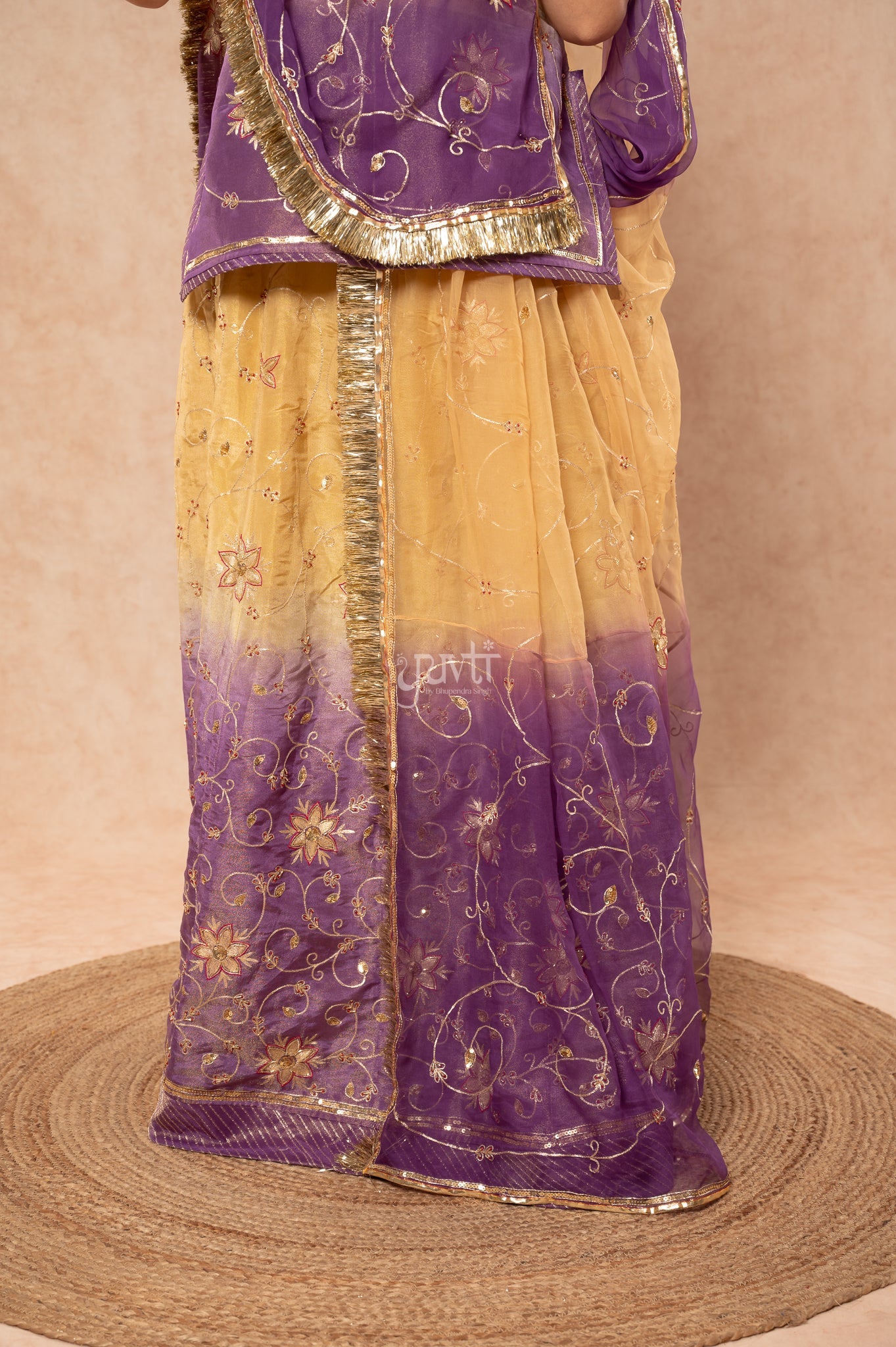 Lavender - Beige Pure Tissue Aari Zardozi Sequins Handwork Poshak with Pure Shaded Odhana (unstitched)