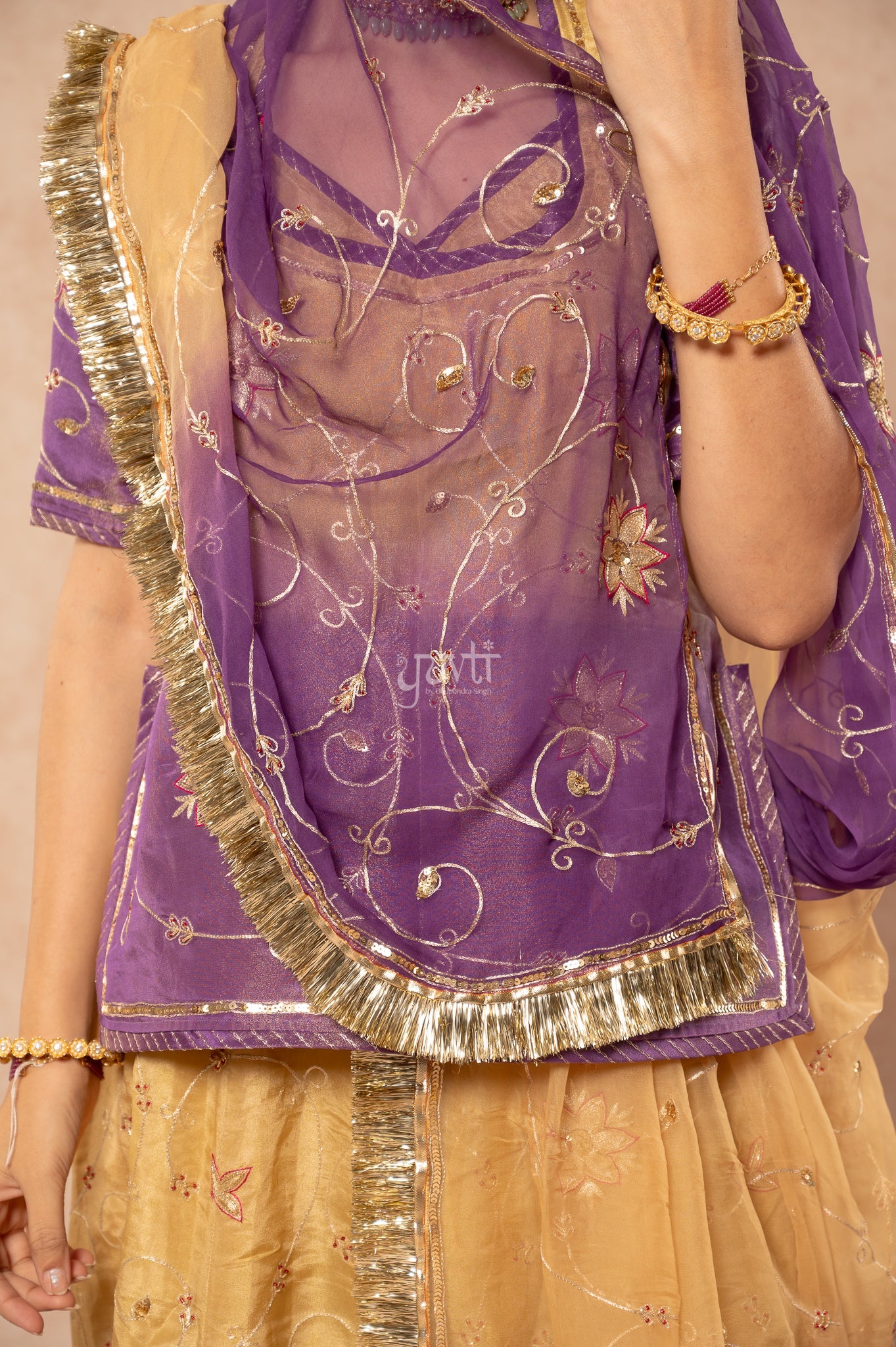 Lavender - Beige Pure Tissue Aari Zardozi Sequins Handwork Poshak with Pure Shaded Odhana (unstitched)