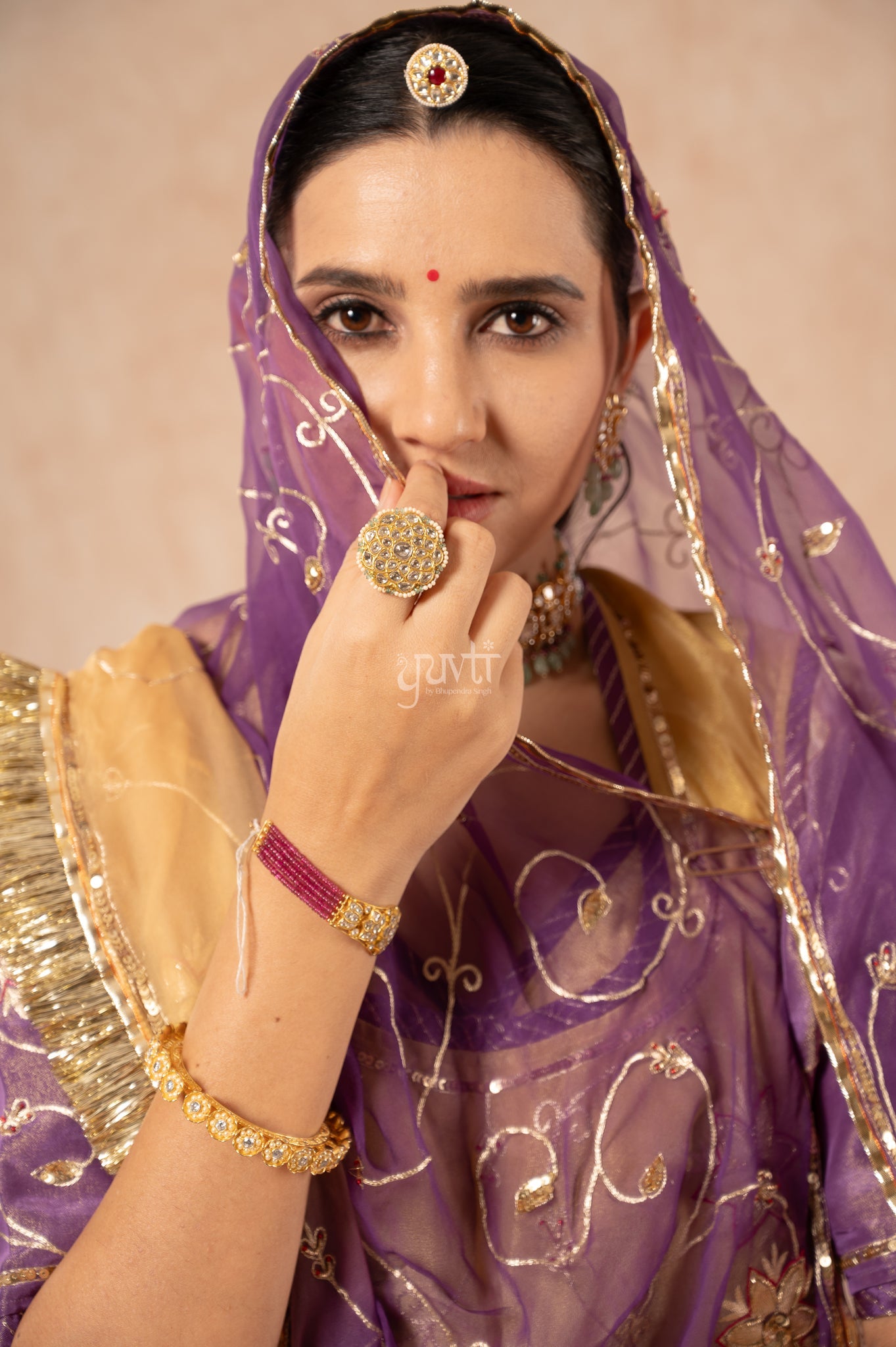 Lavender - Beige Pure Tissue Aari Zardozi Sequins Handwork Poshak with Pure Shaded Odhana (unstitched)
