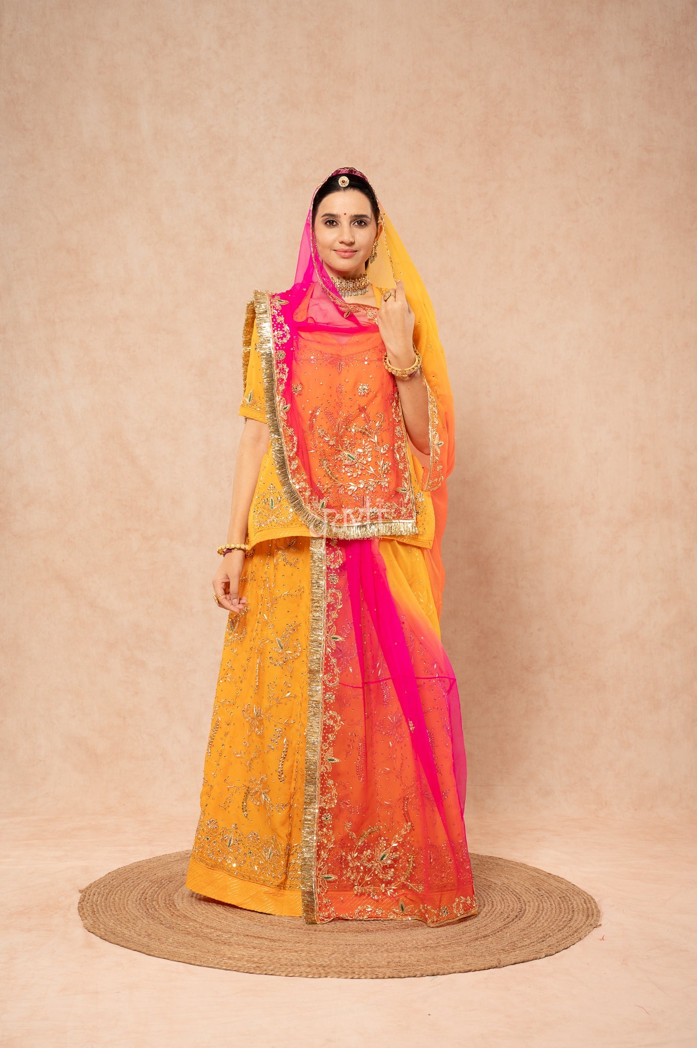 Yellow Pure Georgette Zardozi Handwork Poshak with Pure Multi Odhana (unstitched)