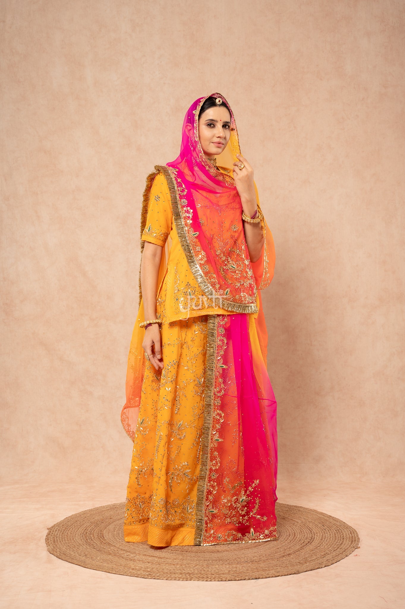 Yellow Pure Georgette Zardozi Handwork Poshak with Pure Multi Odhana (unstitched)