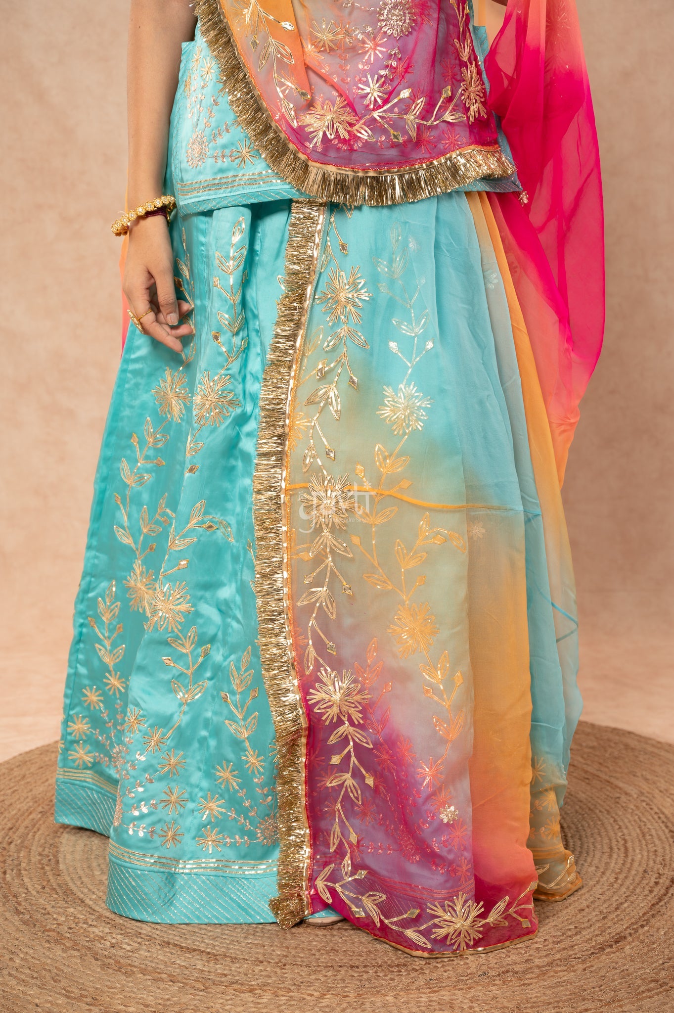 Sky Blue Bamber Satin Sikhiya Gotta Pitan work Poshak with Pure Multi Colour Odhana (unstitched)