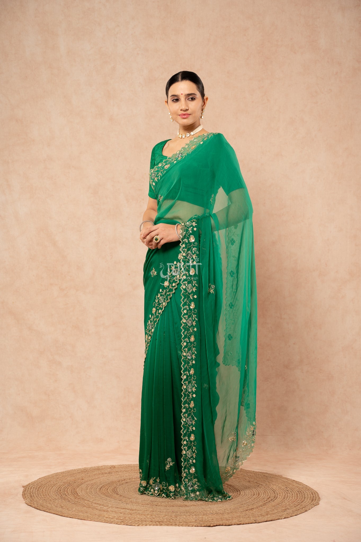 Green Shaded Viscose Chiffon Aari Sequins Kardana Border Jaal Handwork Party wear Saree with Blouse