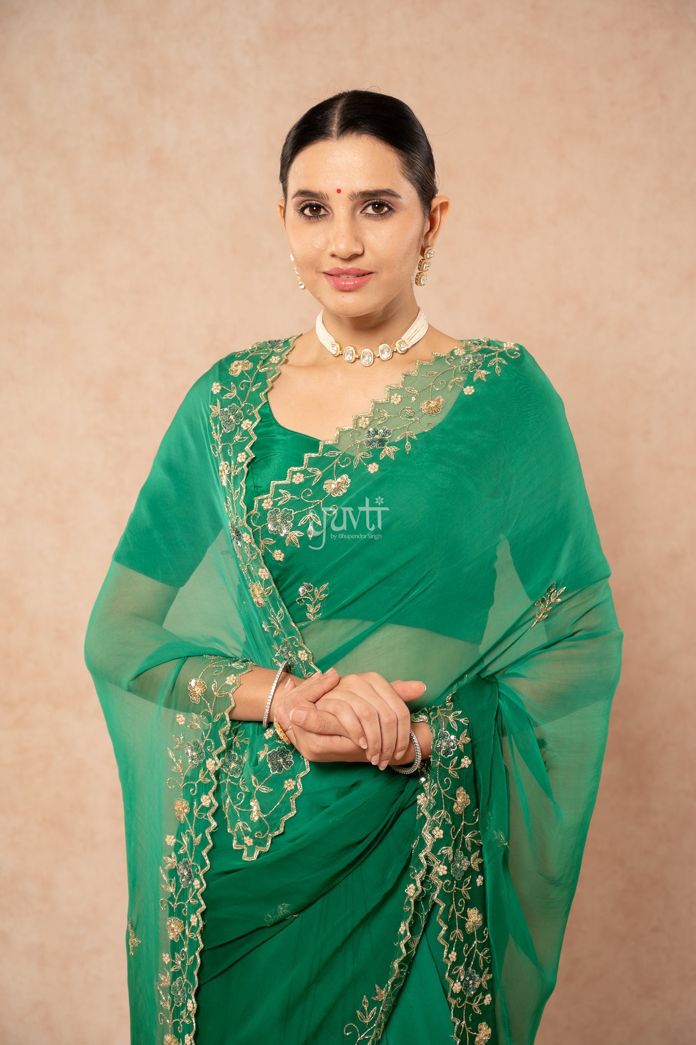 Green Shaded Viscose Chiffon Aari Sequins Kardana Border Jaal Handwork Party wear Saree with Blouse