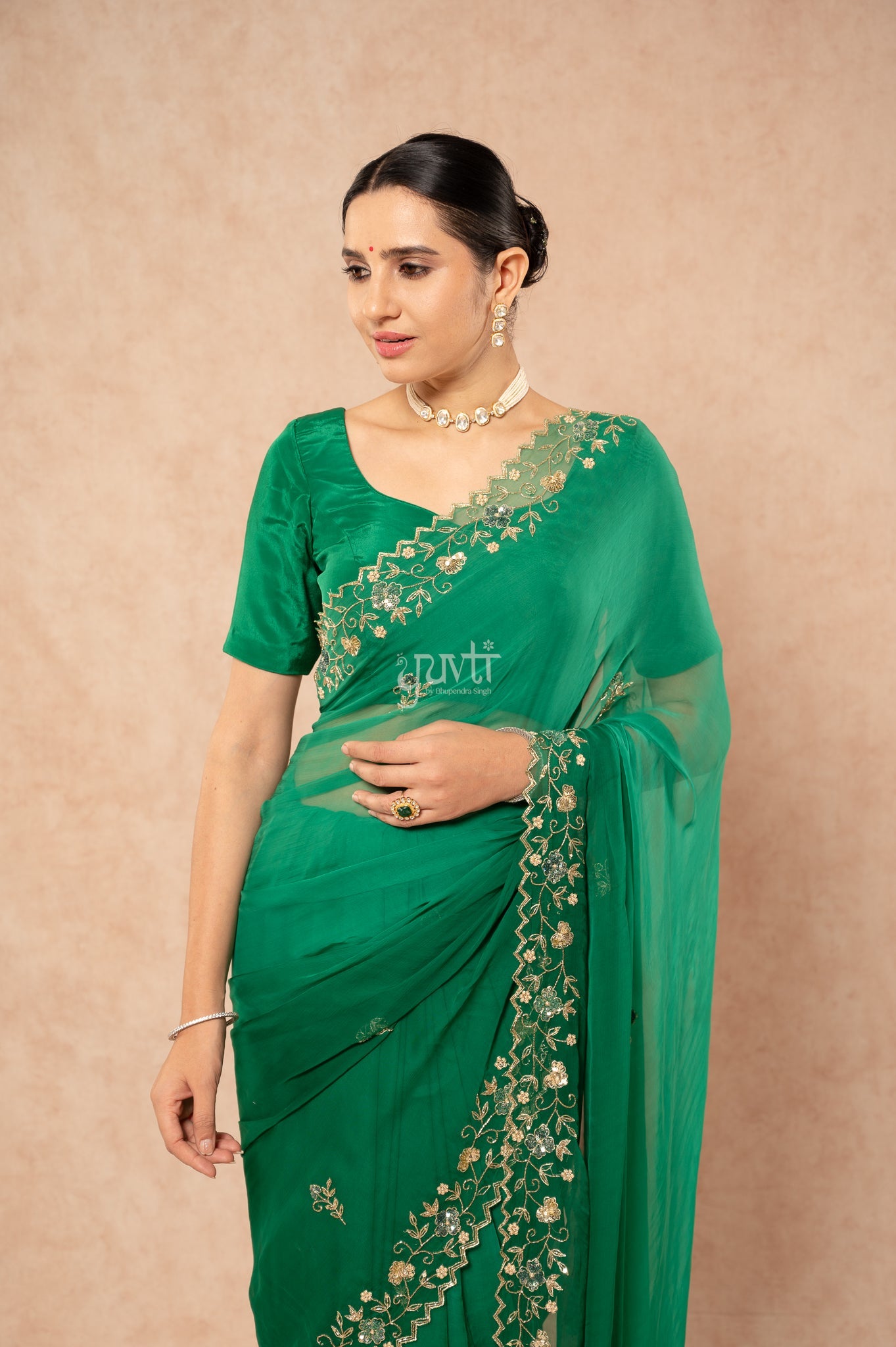 Green Shaded Viscose Chiffon Aari Sequins Kardana Border Jaal Handwork Party wear Saree with Blouse