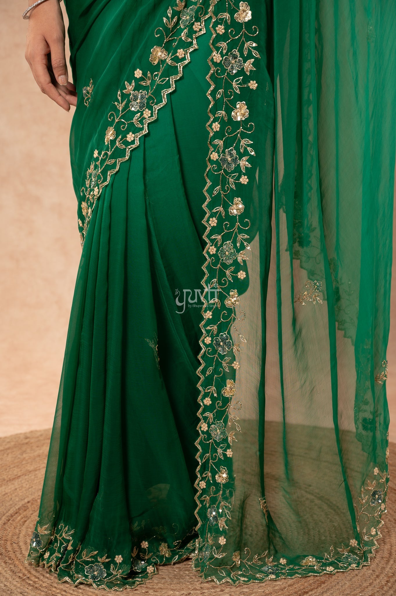 Green Shaded Viscose Chiffon Aari Sequins Kardana Border Jaal Handwork Party wear Saree with Blouse