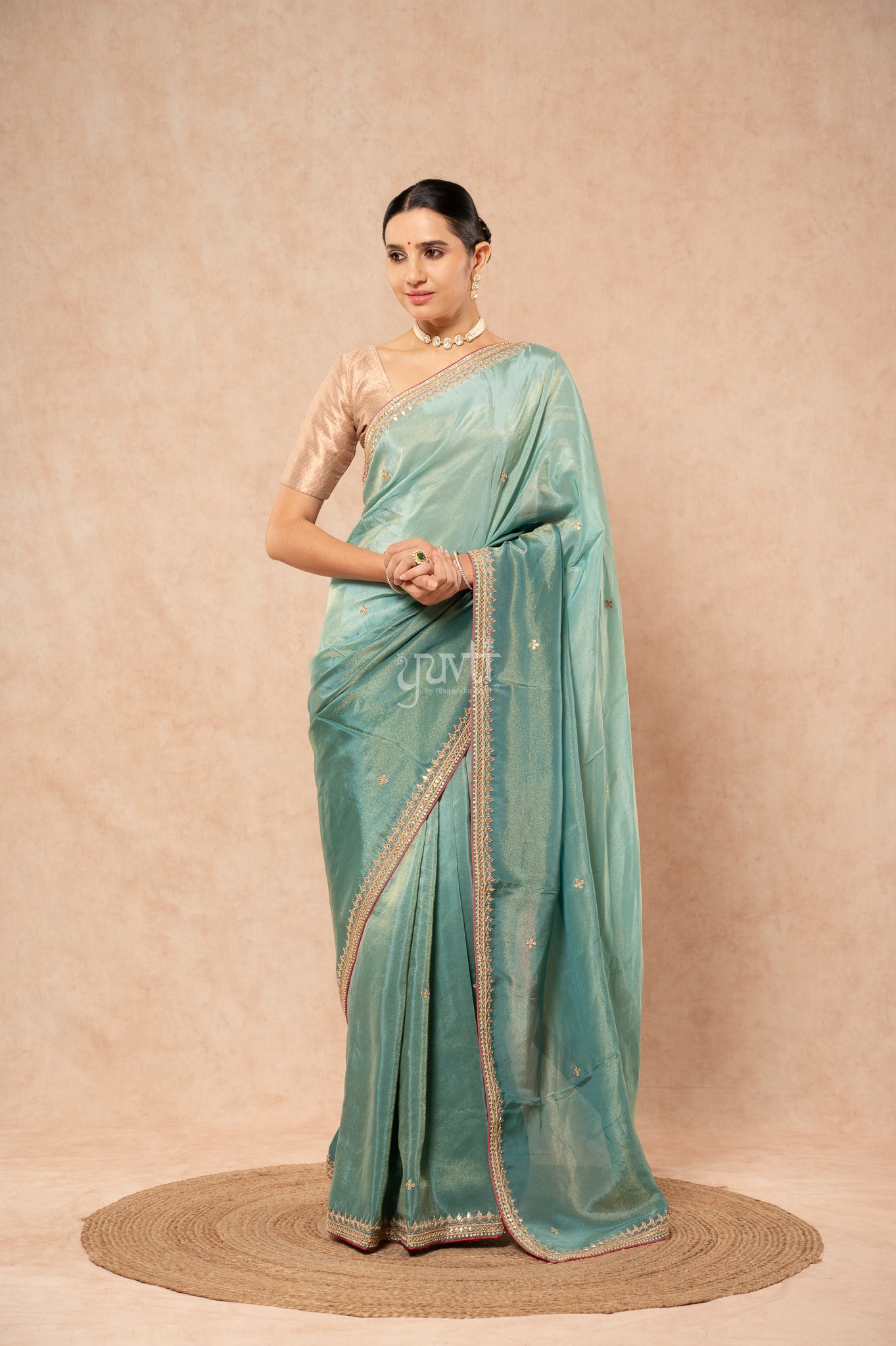 Greyish Green Viscose Tissue Gotta Patti Border Butti Handwork Saree with Blouse