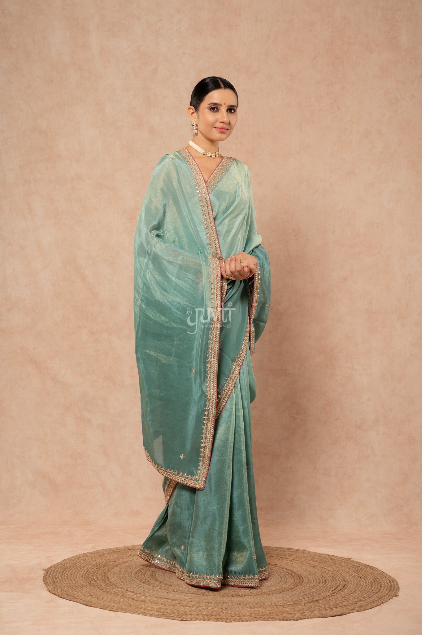 Greyish Green Viscose Tissue Gotta Patti Border Butti Handwork Saree with Blouse