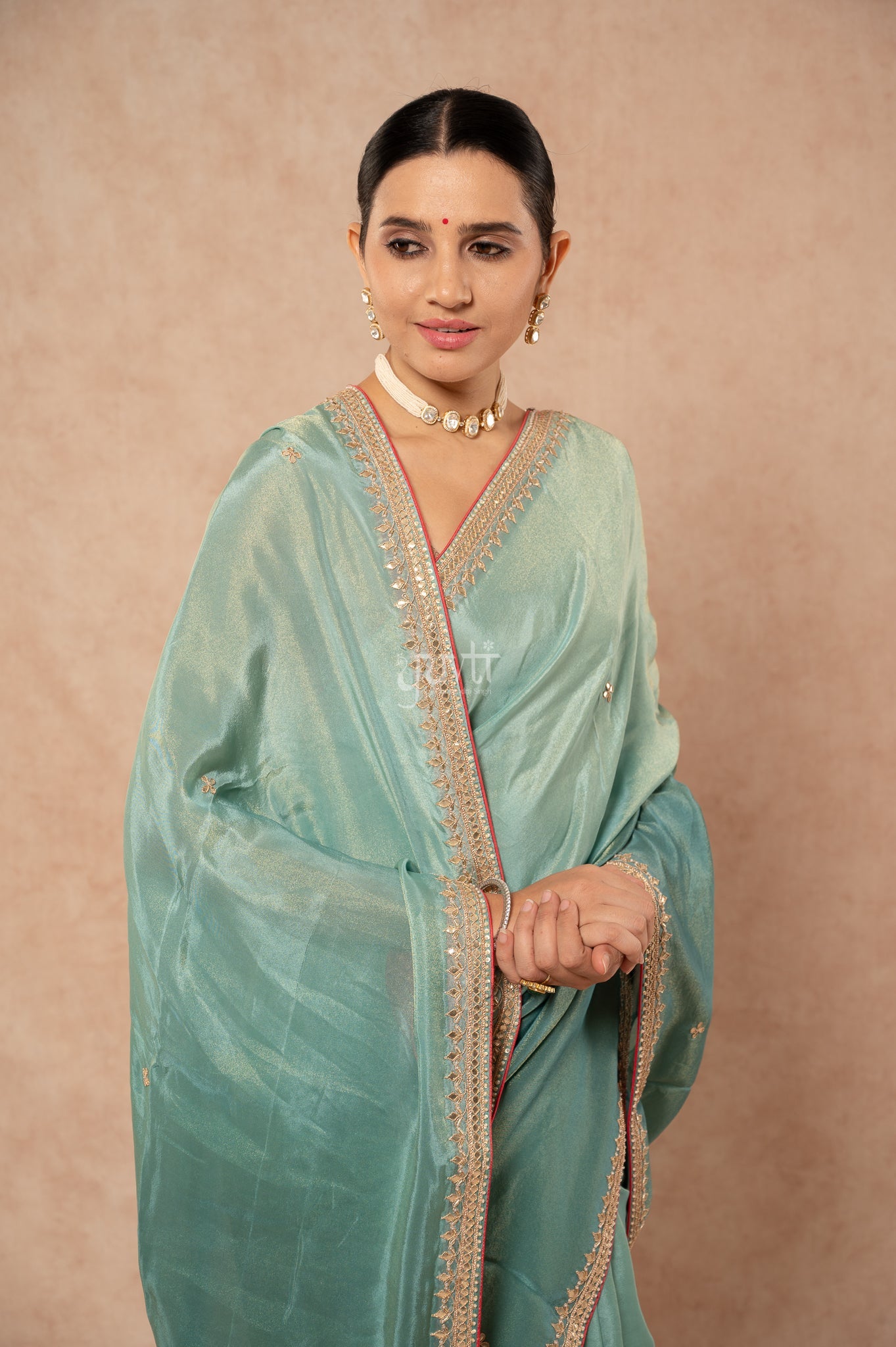 Greyish Green Viscose Tissue Gotta Patti Border Butti Handwork Saree with Blouse