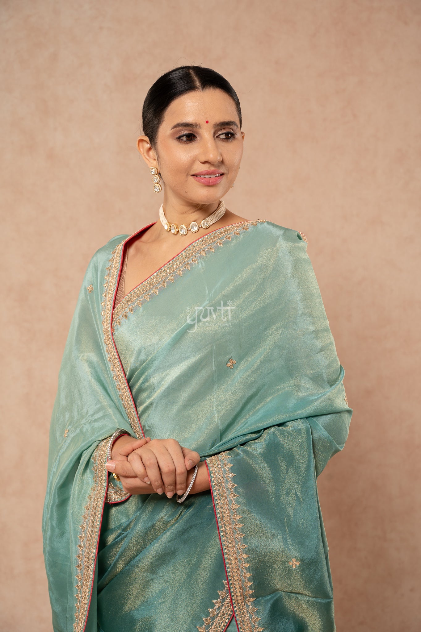 Greyish Green Viscose Tissue Gotta Patti Border Butti Handwork Saree with Blouse