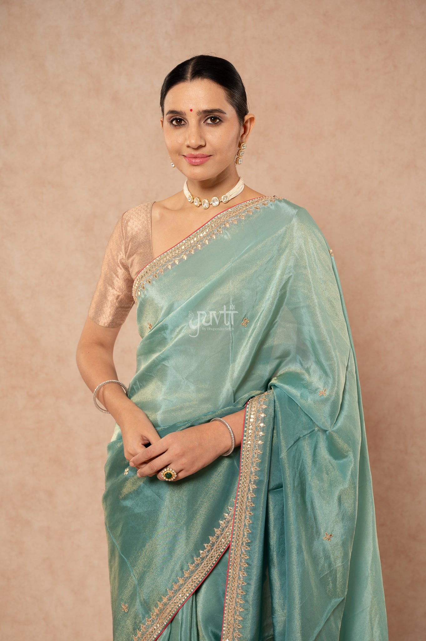 Greyish Green Viscose Tissue Gotta Patti Border Butti Handwork Saree with Blouse
