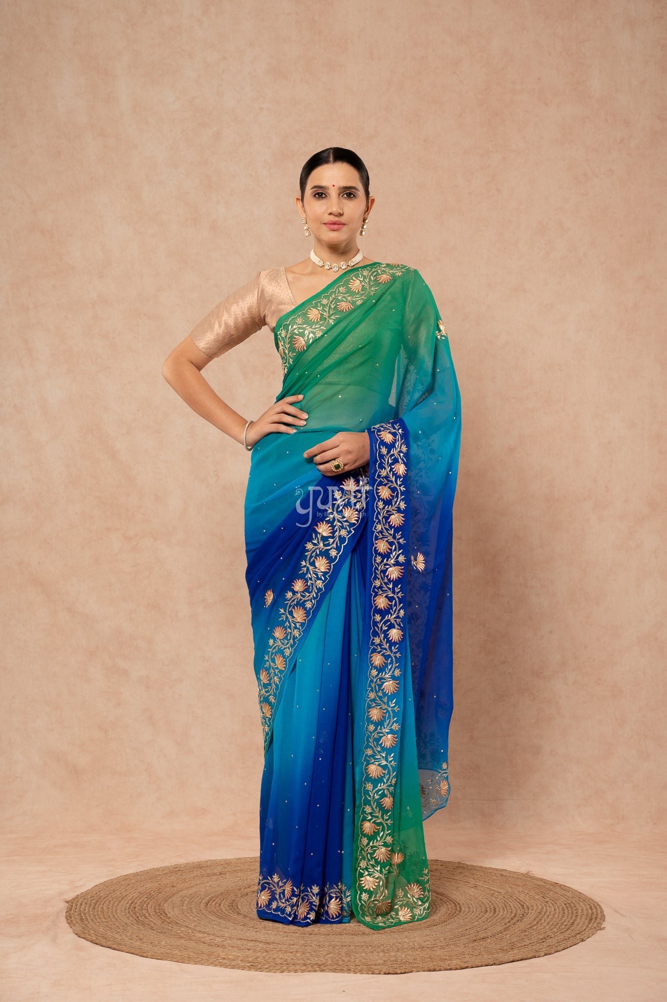 Peacock Shade Pure Chiffon Aari Sequins Border Butti Handwork Party wear Saree with Blouse