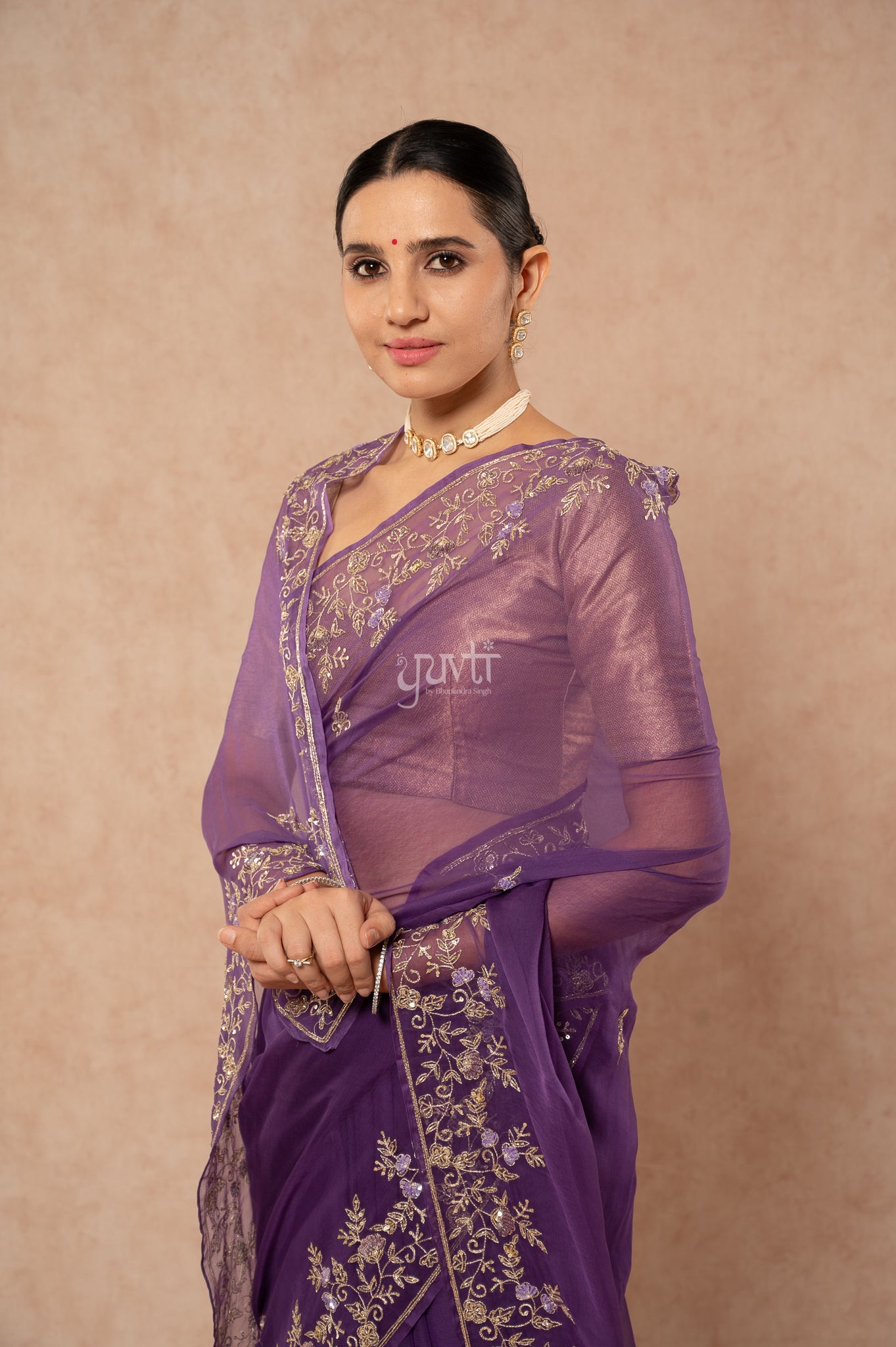 Blue Viscose Chiffon Aari Sequins Border Jaal Handwork Party wear Saree with Blouse