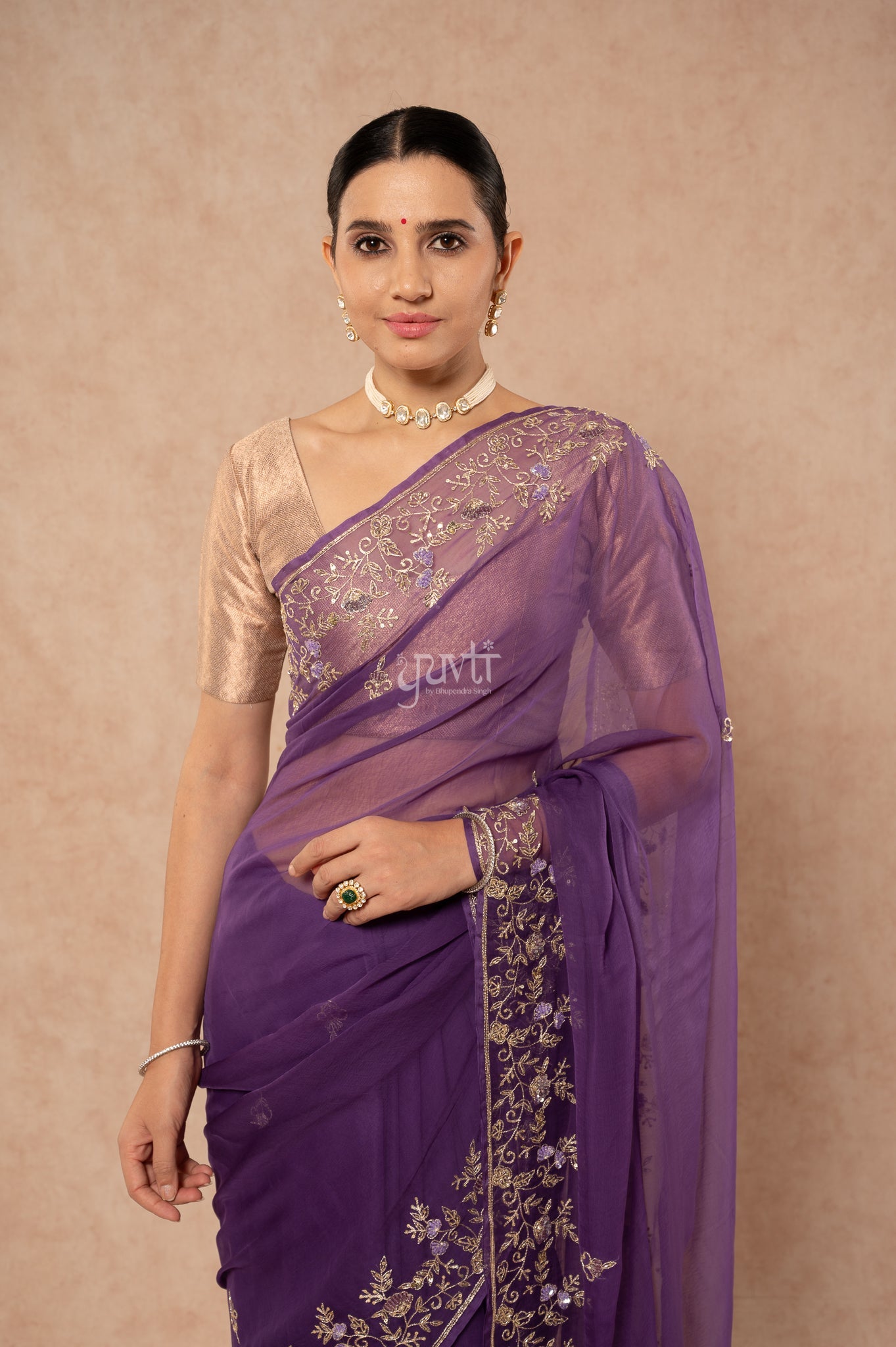 Blue Viscose Chiffon Aari Sequins Border Jaal Handwork Party wear Saree with Blouse