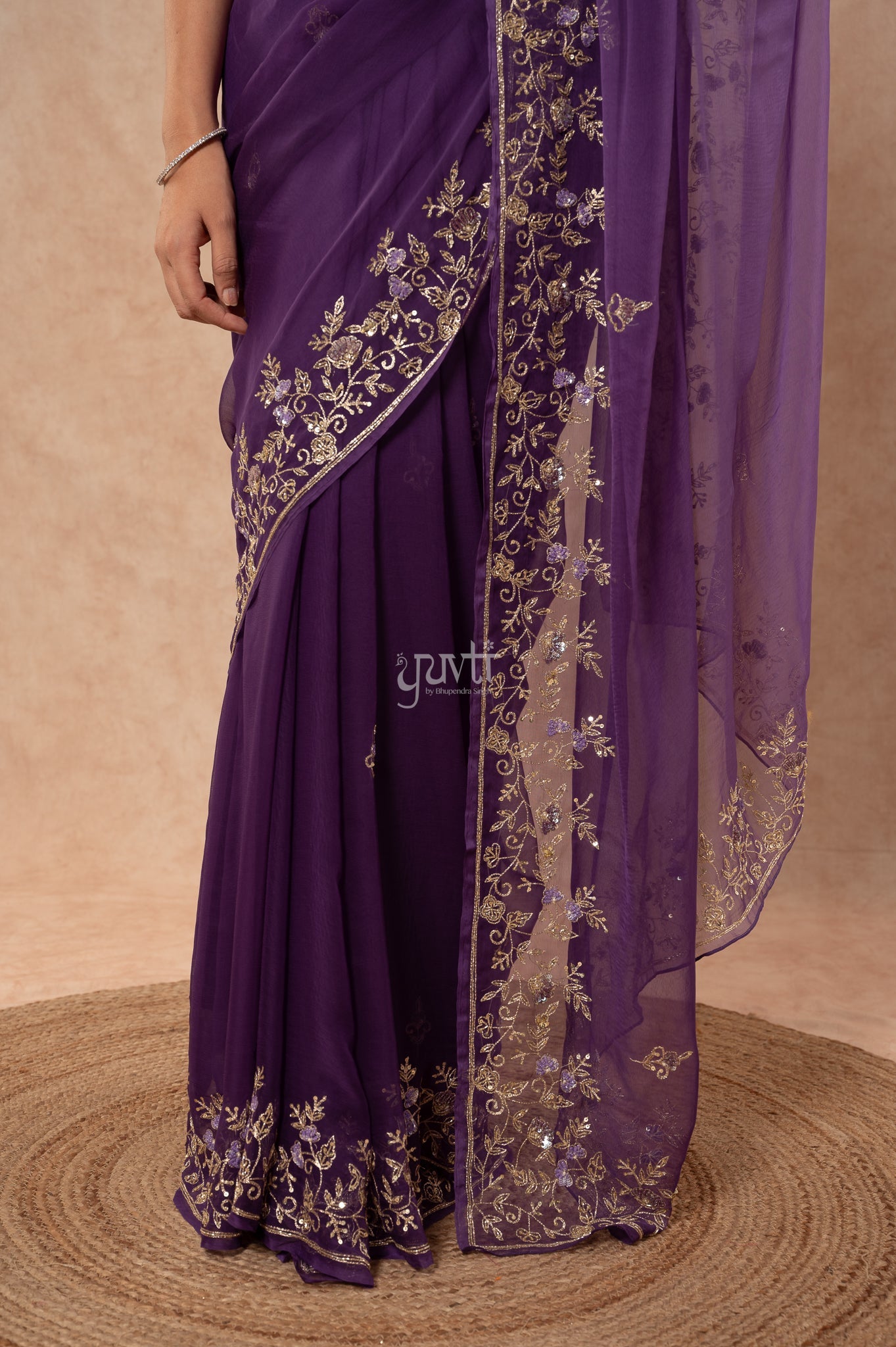 Blue Viscose Chiffon Aari Sequins Border Jaal Handwork Party wear Saree with Blouse