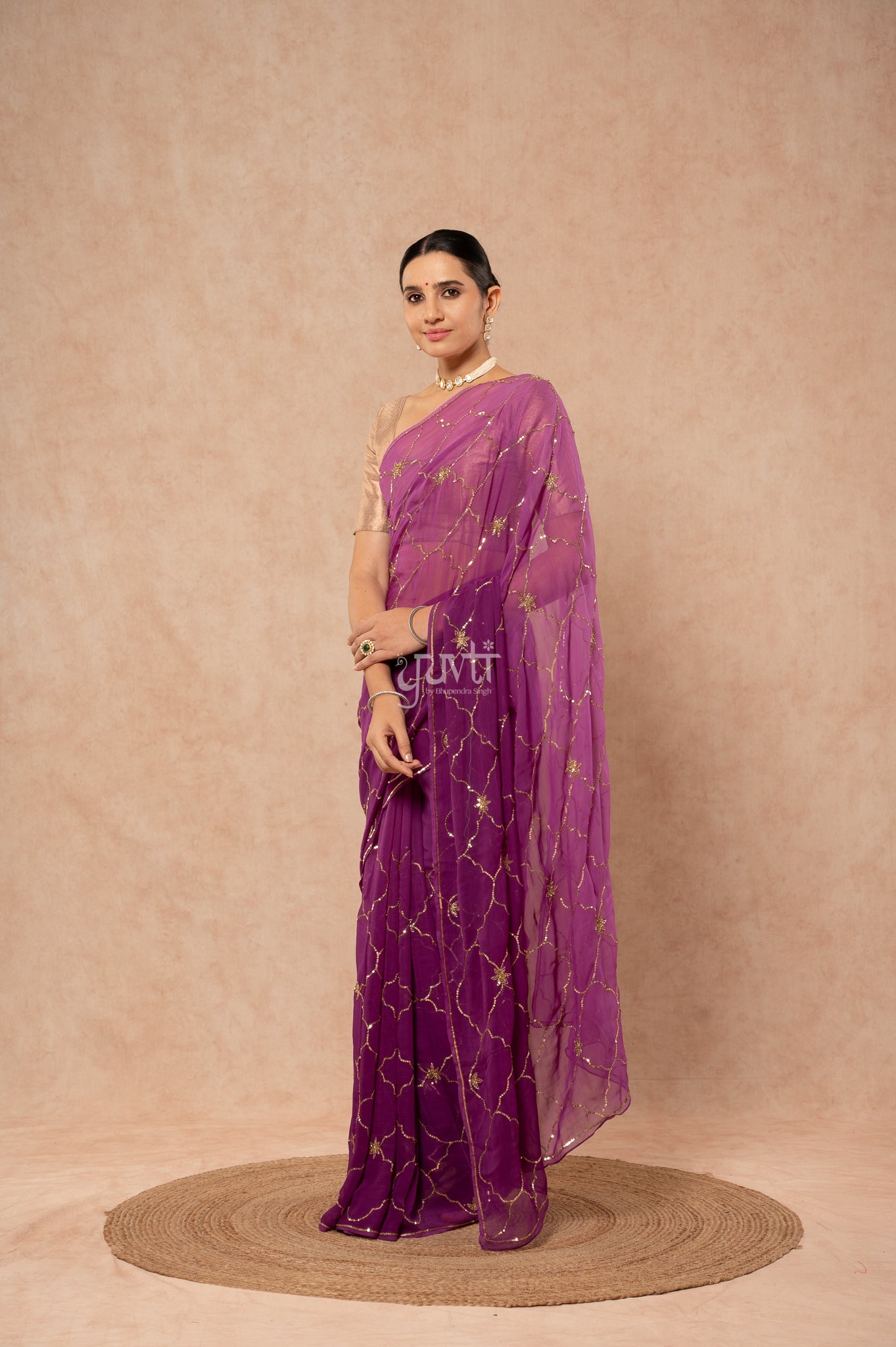 Purple Shaded Viscose Chiffon Kardana Sequins Jaal Handwork Saree with Blouse