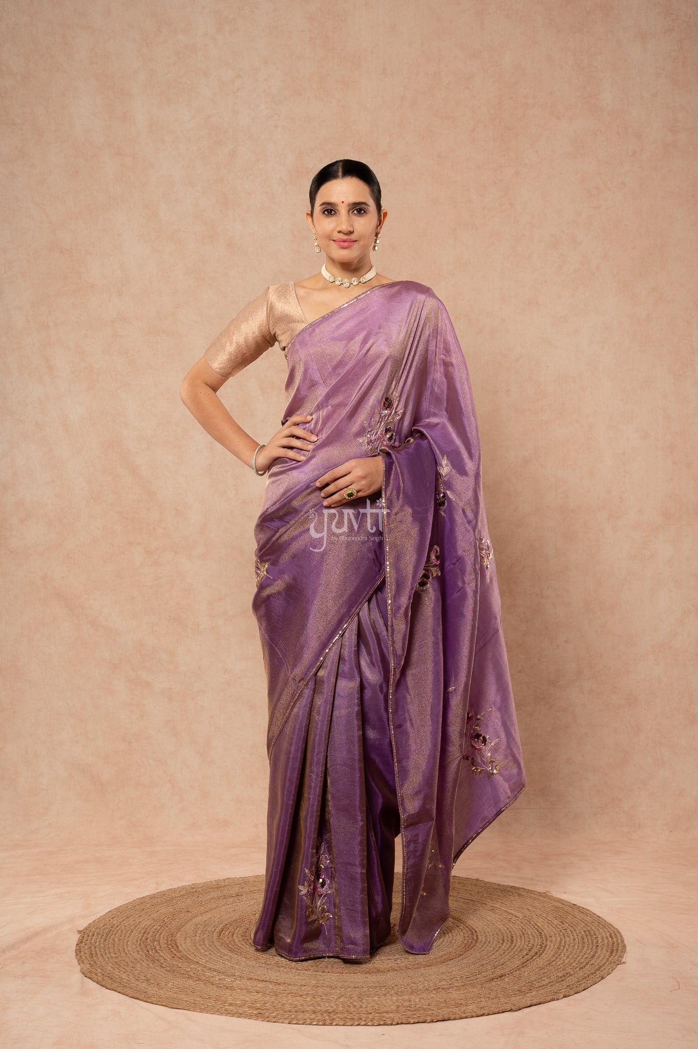 Lavender Shaded Viscose Tissue Aari Sequins Motifs ( Butti ) Handwork Saree with Blouse