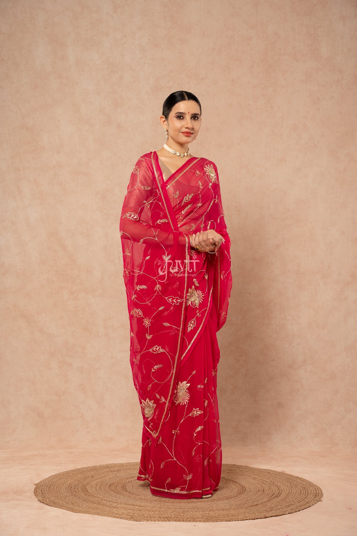 Rani Viscose Chiffon Aari Sequins Jaal Handwork Party wear Saree with Blouse