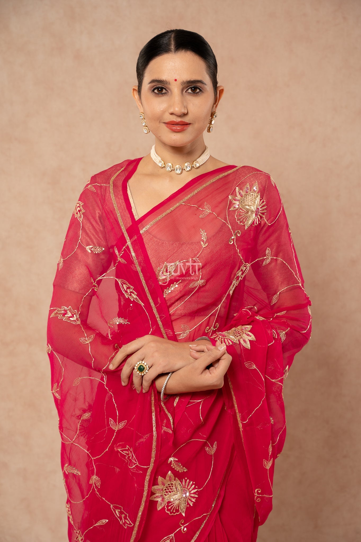 Rani Viscose Chiffon Aari Sequins Jaal Handwork Party wear Saree with Blouse