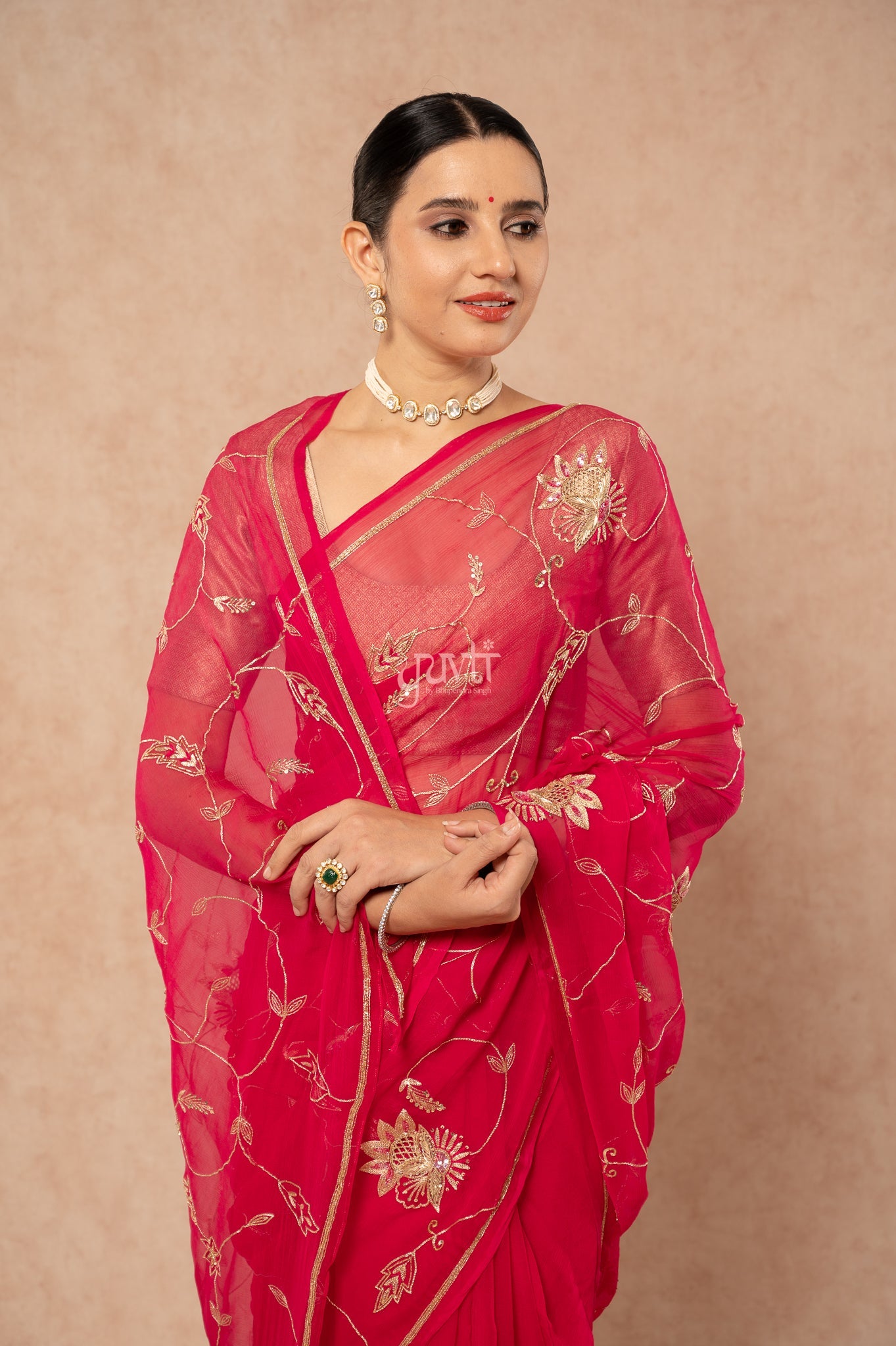 Rani Viscose Chiffon Aari Sequins Jaal Handwork Party wear Saree with Blouse