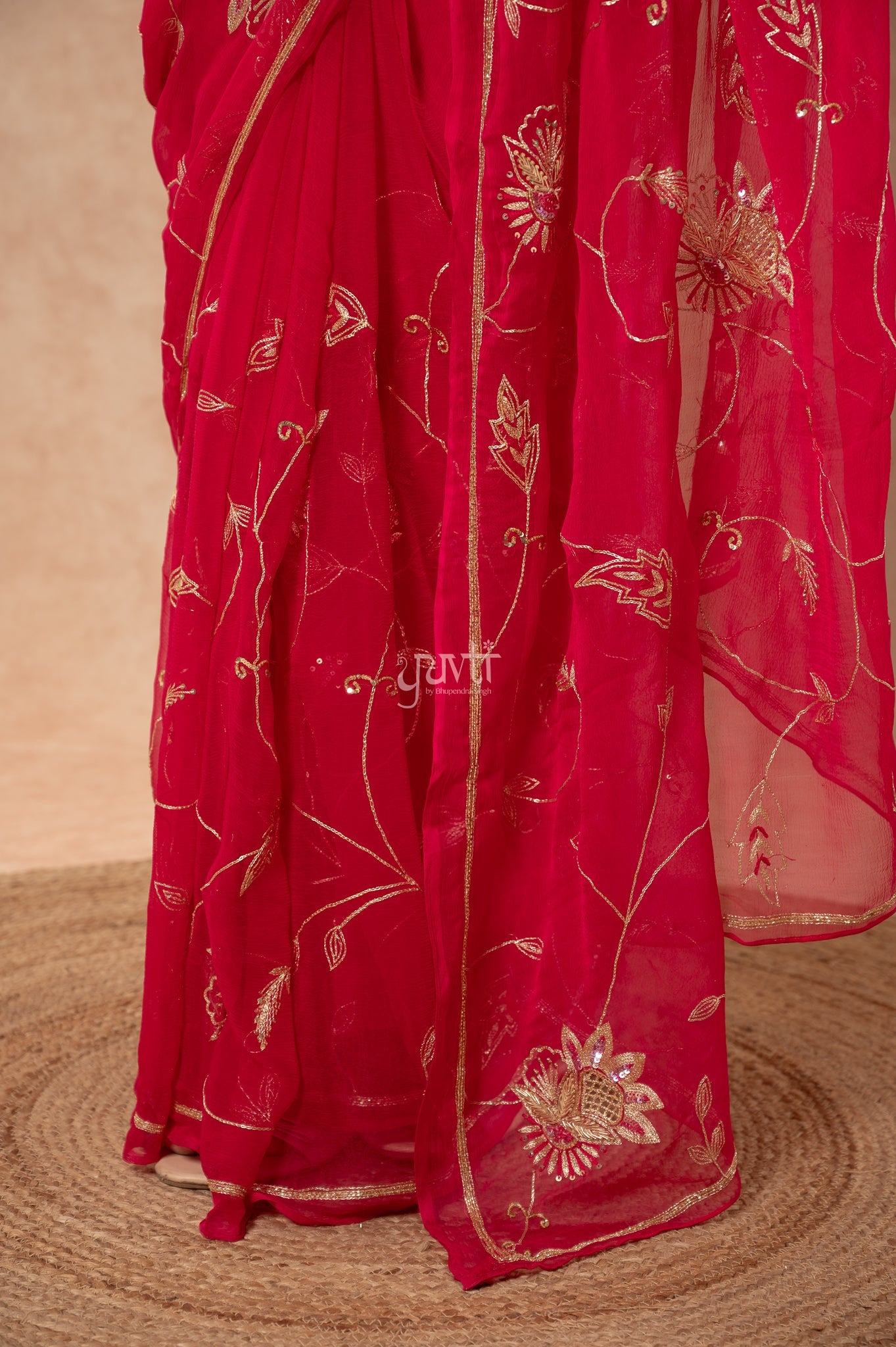 Rani Viscose Chiffon Aari Sequins Jaal Handwork Party wear Saree with Blouse