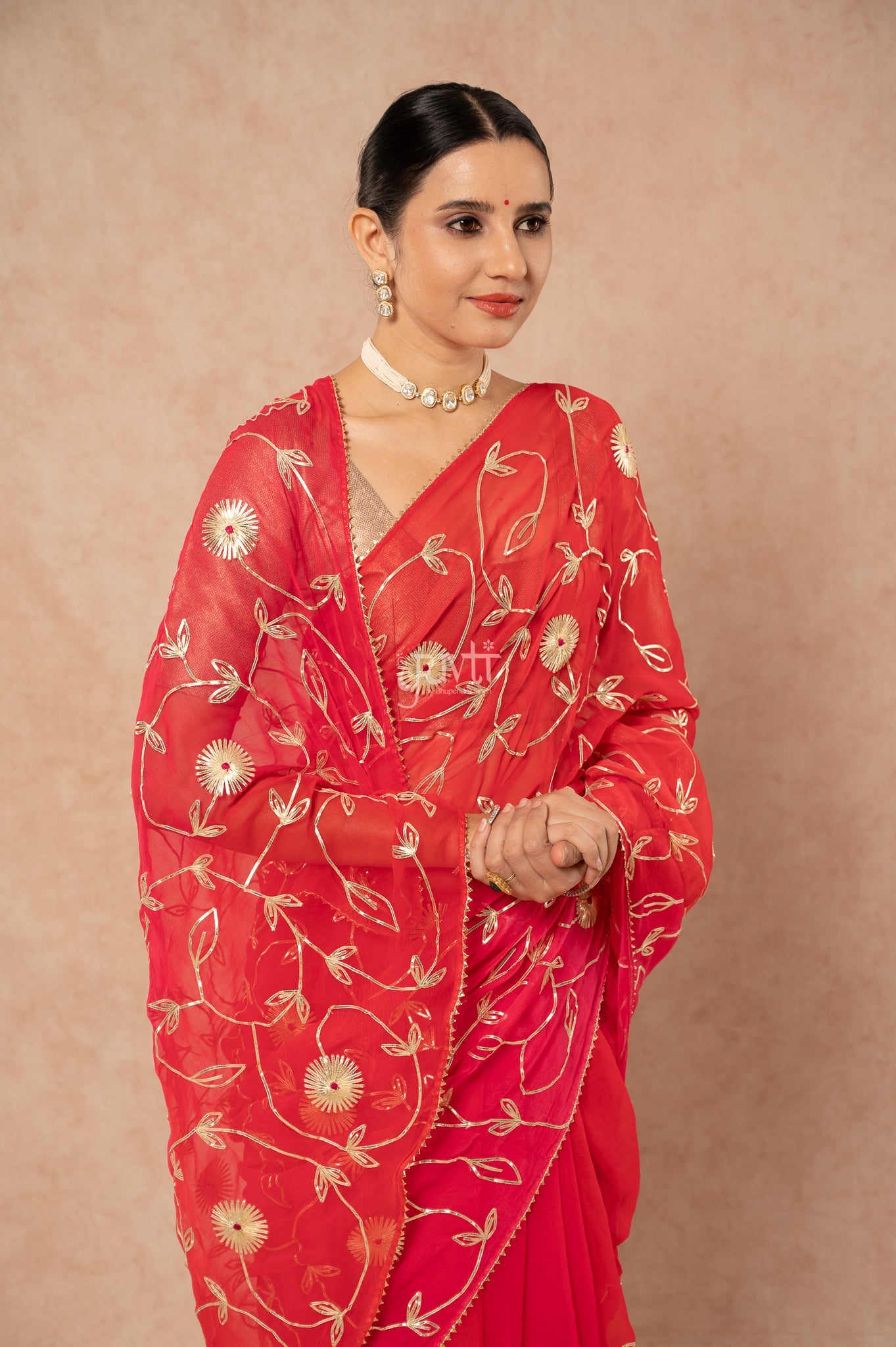 Red Rani Shaded Viscose Chiffon Sikhiya Gotta Jaal Saree with Blouse