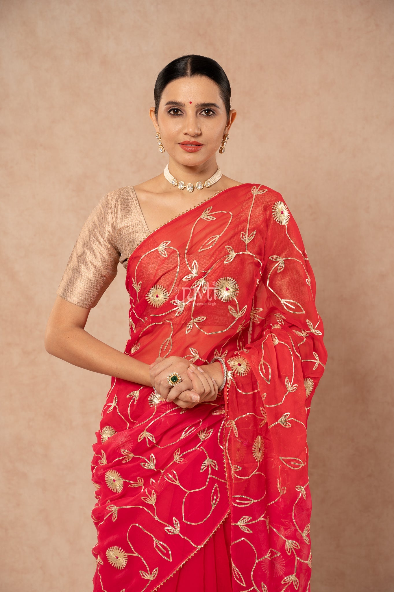 Red Rani Shaded Viscose Chiffon Sikhiya Gotta Jaal Saree with Blouse
