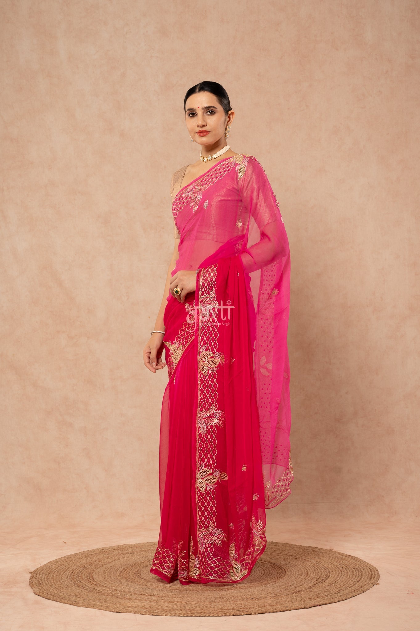 Rani Shaded Viscose Chiffon Aari Resham Sequins Cutwork Border Butti handwork Saree with Blouse