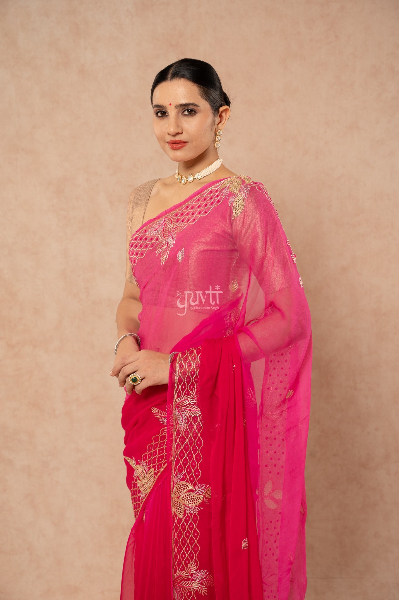Rani Shaded Viscose Chiffon Aari Resham Sequins Cutwork Border Butti handwork Saree with Blouse