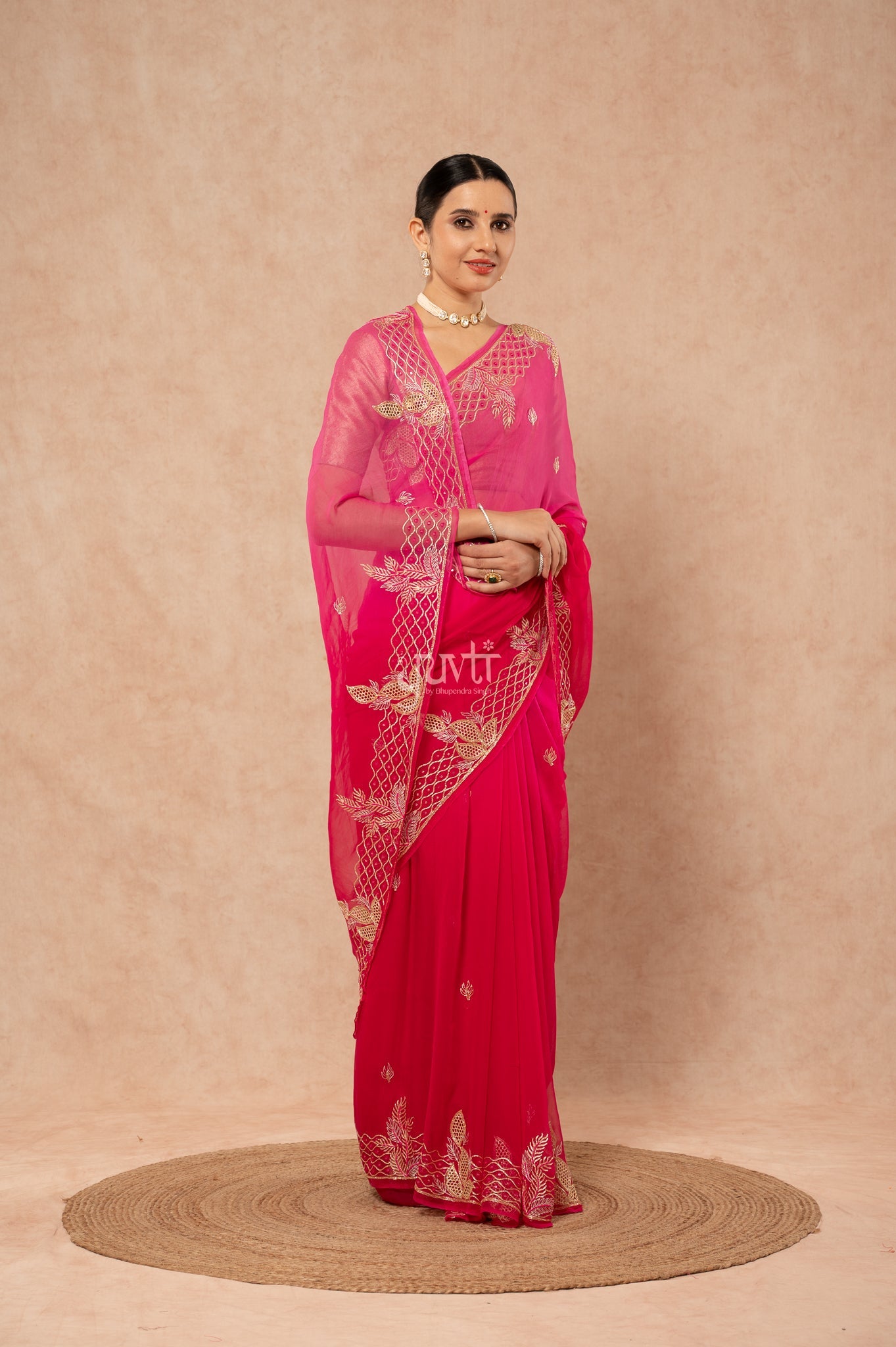 Rani Shaded Viscose Chiffon Aari Resham Sequins Cutwork Border Butti handwork Saree with Blouse