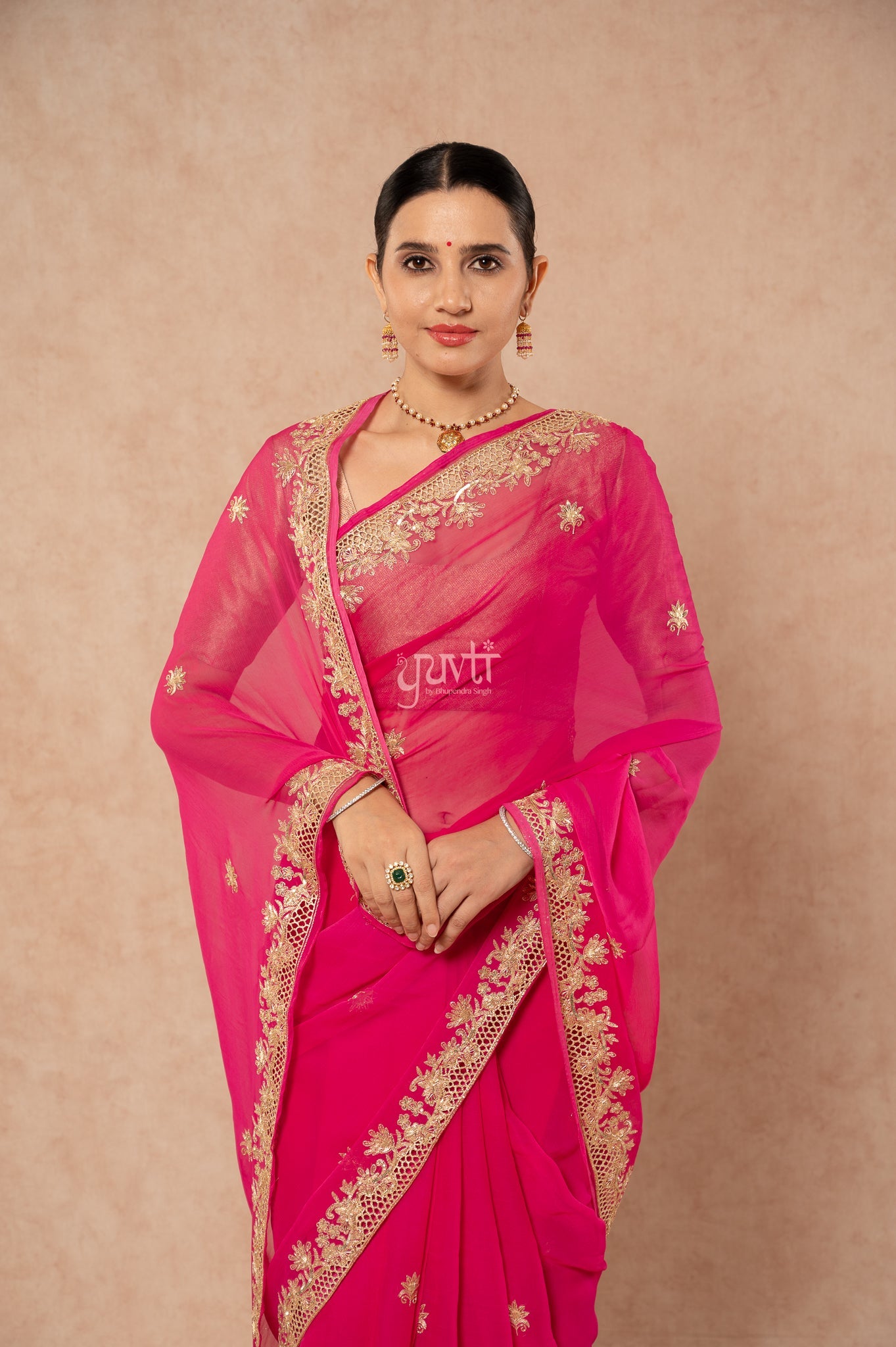 Rani Shaded Viscose Chiffon Aari Sequins Zardozi Cutwork Border Butti Handwork Party Saree with Blouse