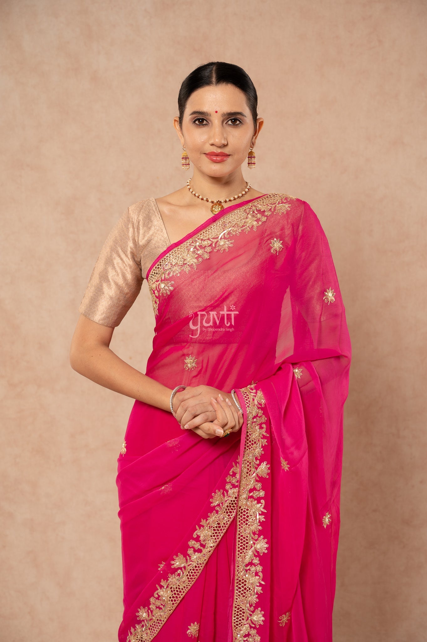 Rani Shaded Viscose Chiffon Aari Sequins Zardozi Cutwork Border Butti Handwork Party Saree with Blouse