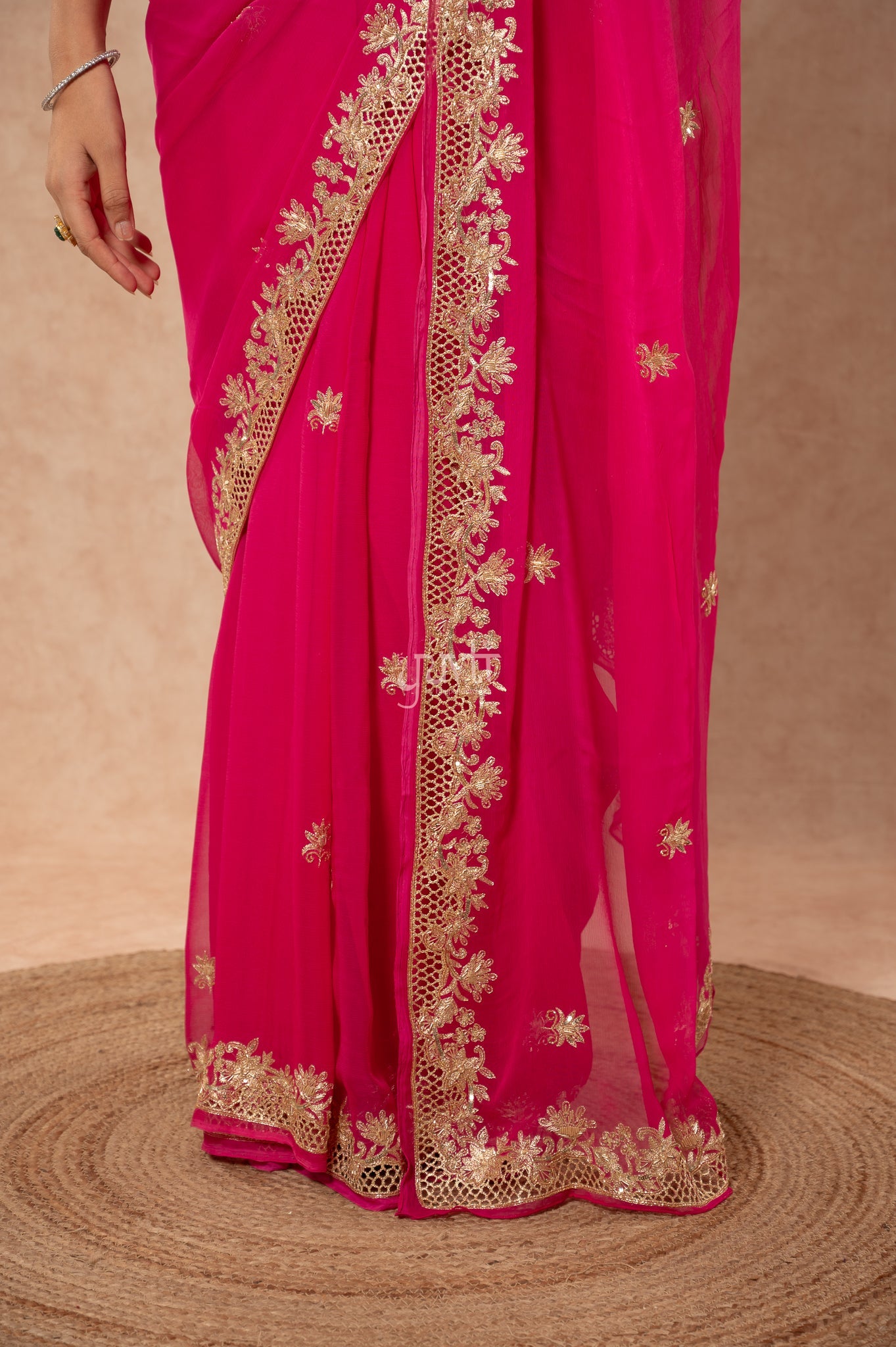 Rani Shaded Viscose Chiffon Aari Sequins Zardozi Cutwork Border Butti Handwork Party Saree with Blouse