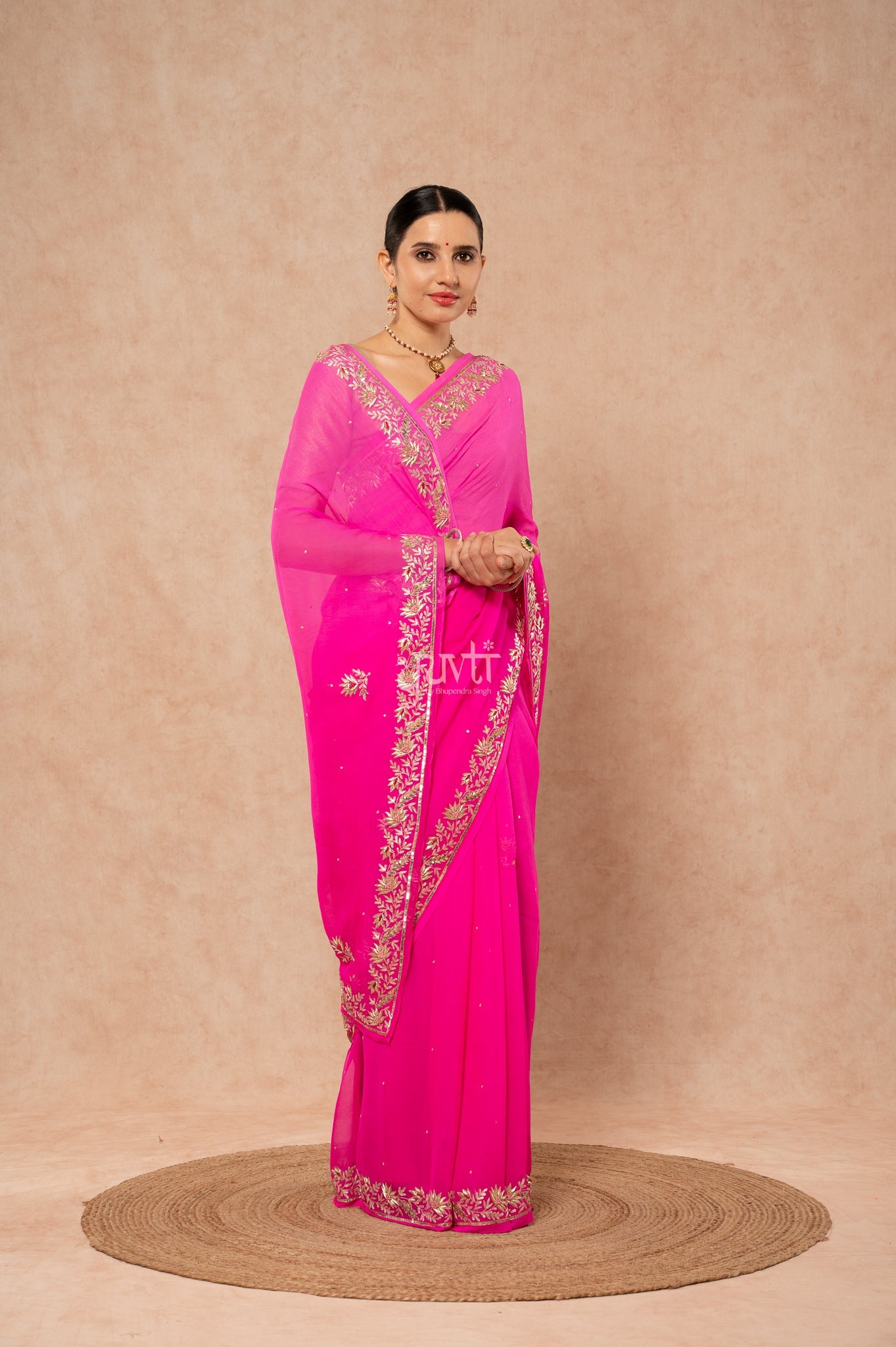 Rani Shaded Pure Chiffon Aari Sequins Zardozi Border Butti Handwork Party Saree with Blouse