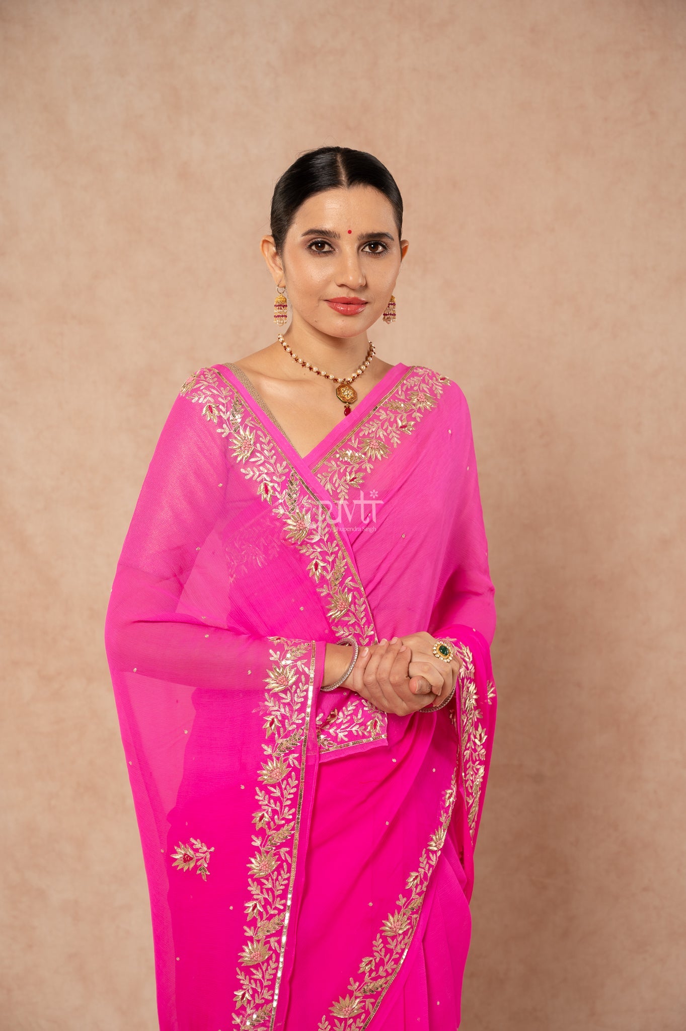 Rani Shaded Pure Chiffon Aari Sequins Zardozi Border Butti Handwork Party Saree with Blouse