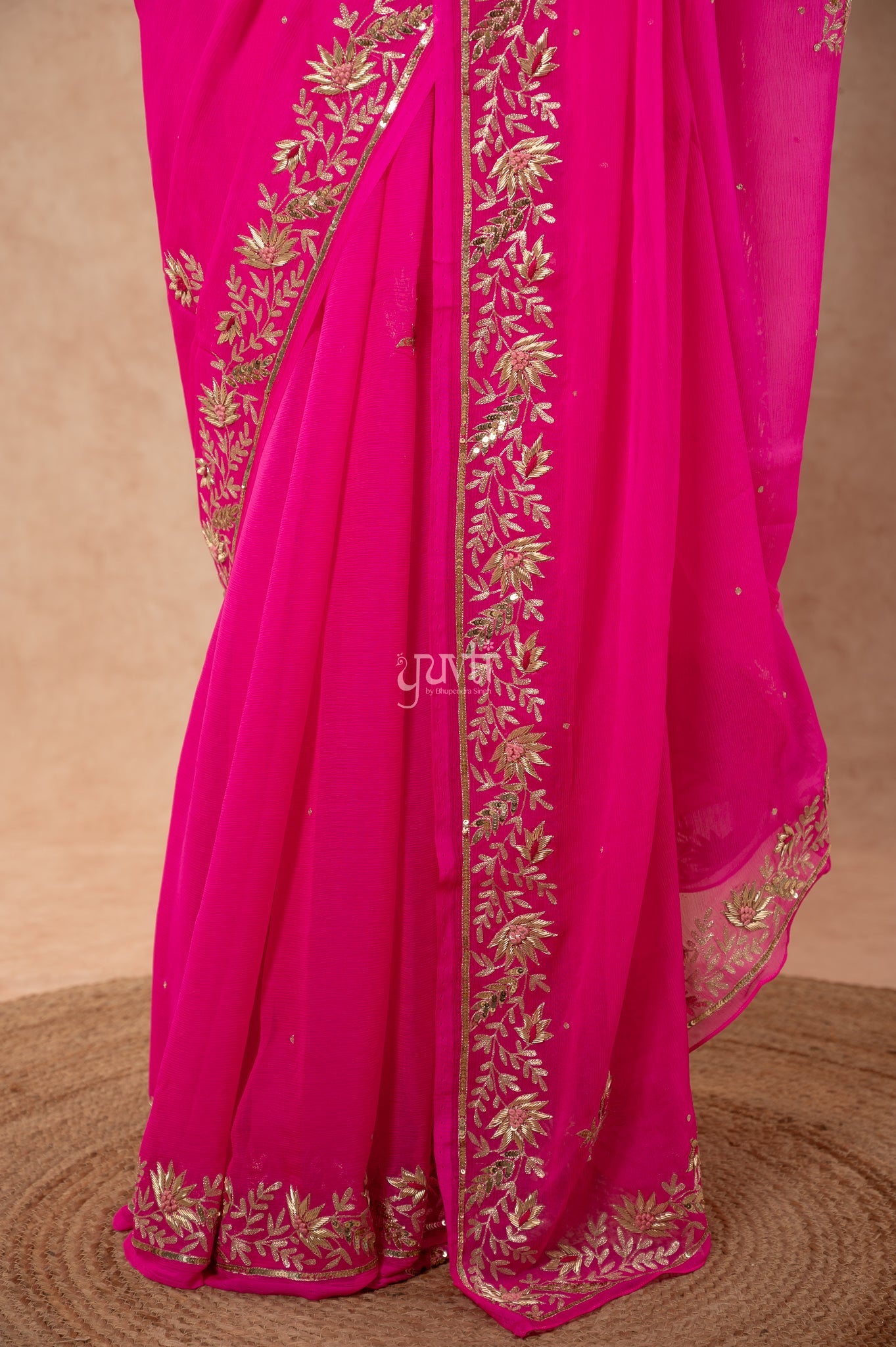 Rani Shaded Pure Chiffon Aari Sequins Zardozi Border Butti Handwork Party Saree with Blouse